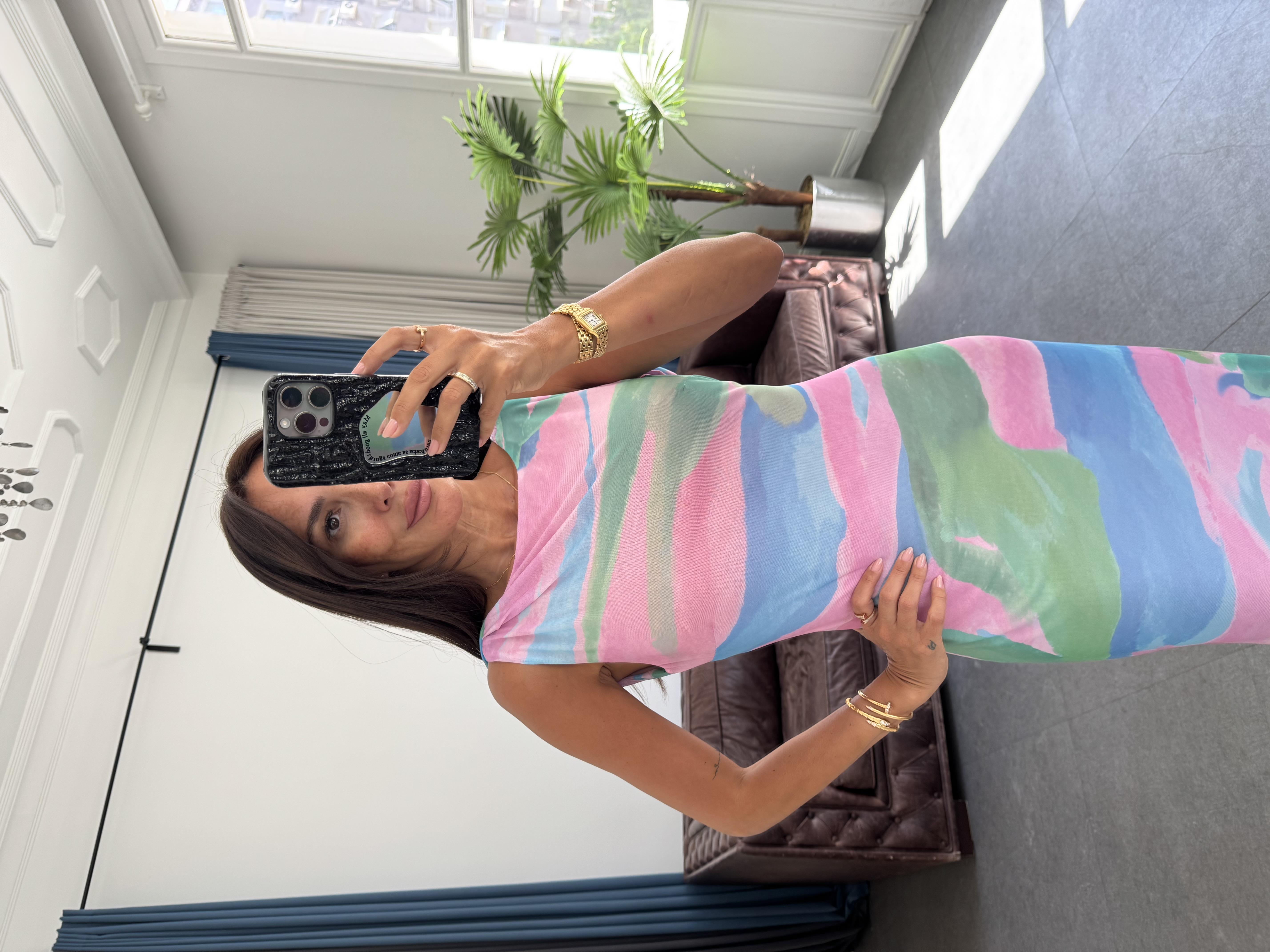 Mavi-Pembe Renkli Kolsuz Elbise