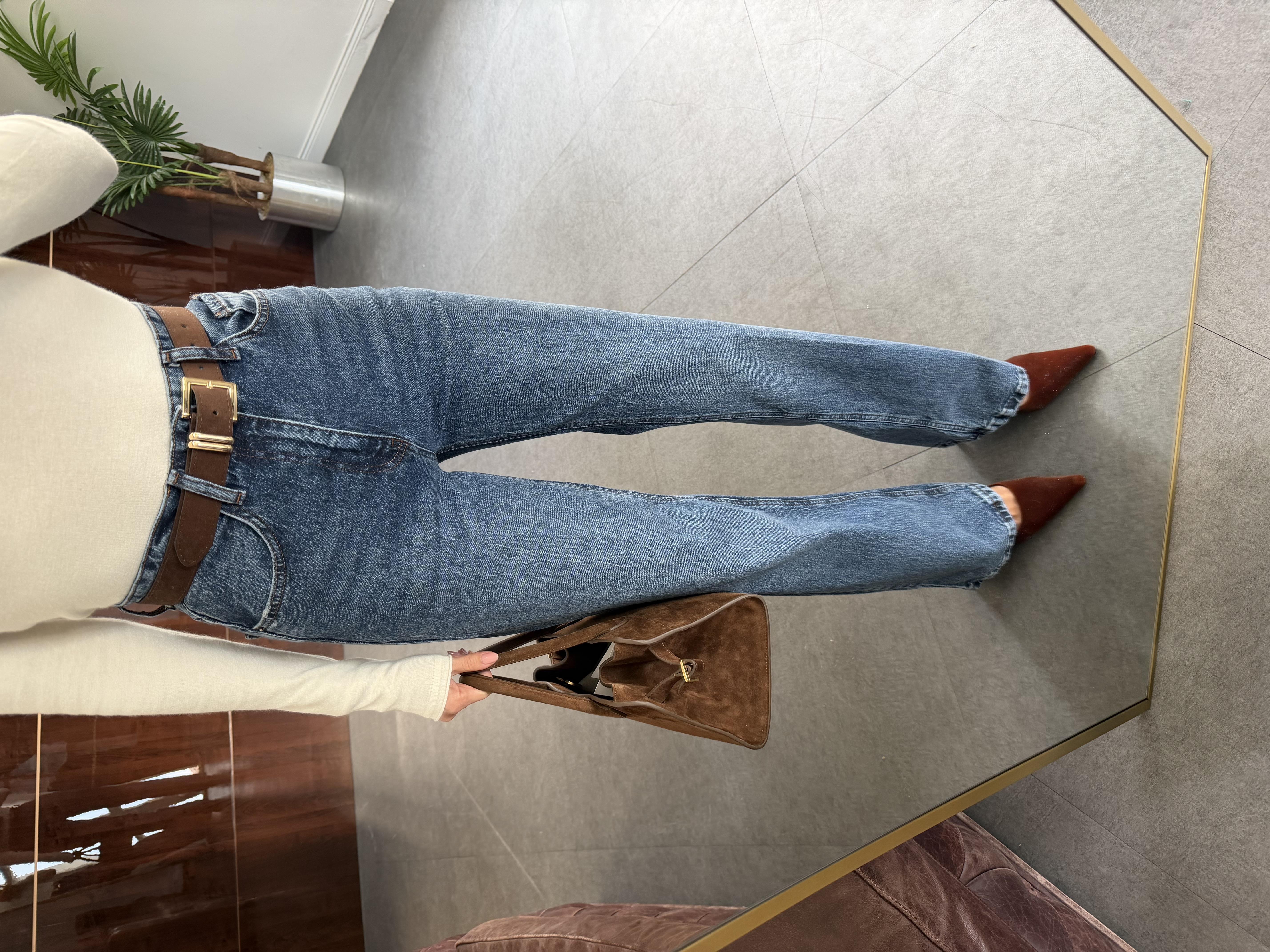 Mavi Süet Kemerli Wide-Leg Jean Pantolon