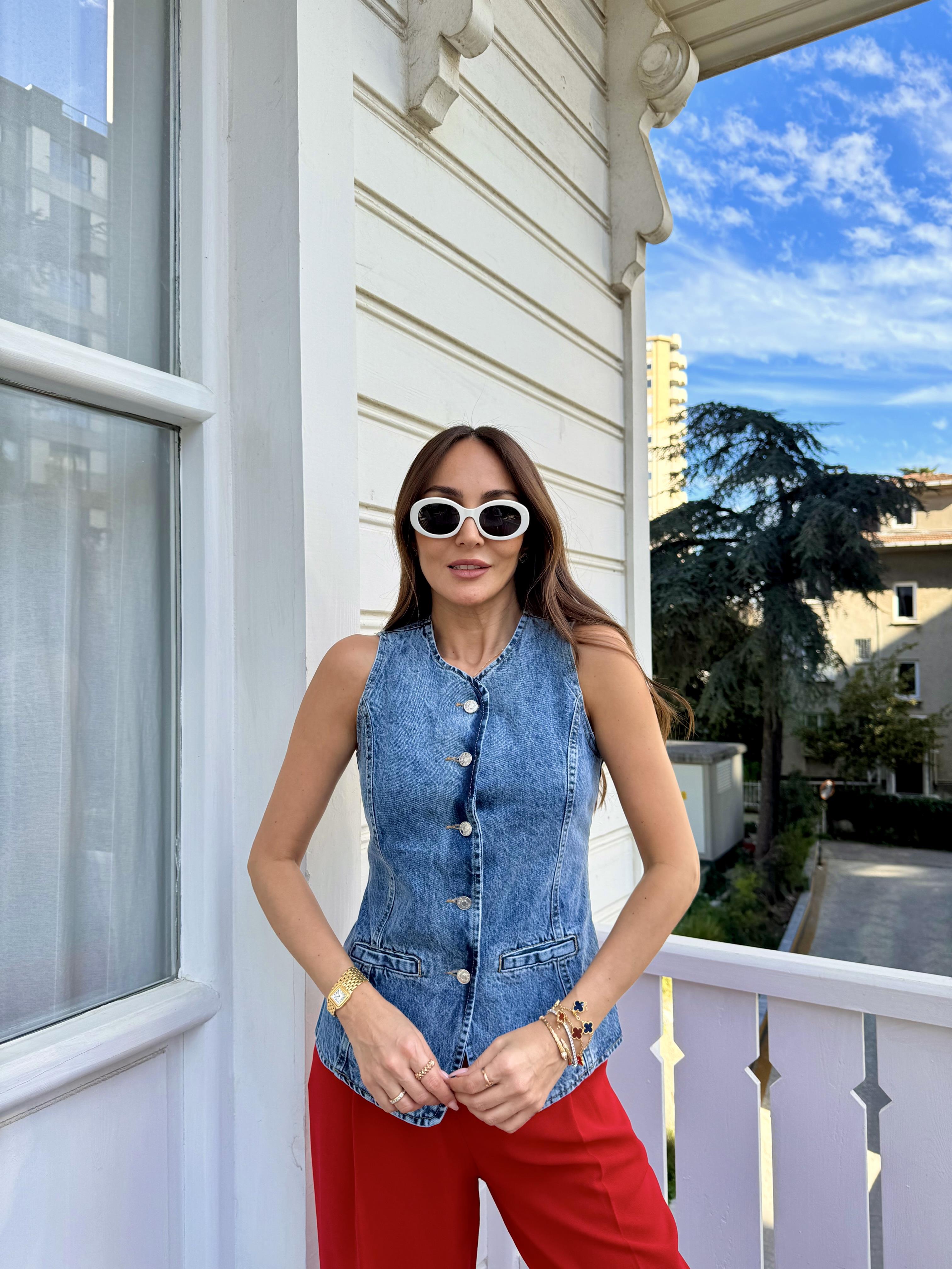 Mavi Yıkamalı Kot Yelek