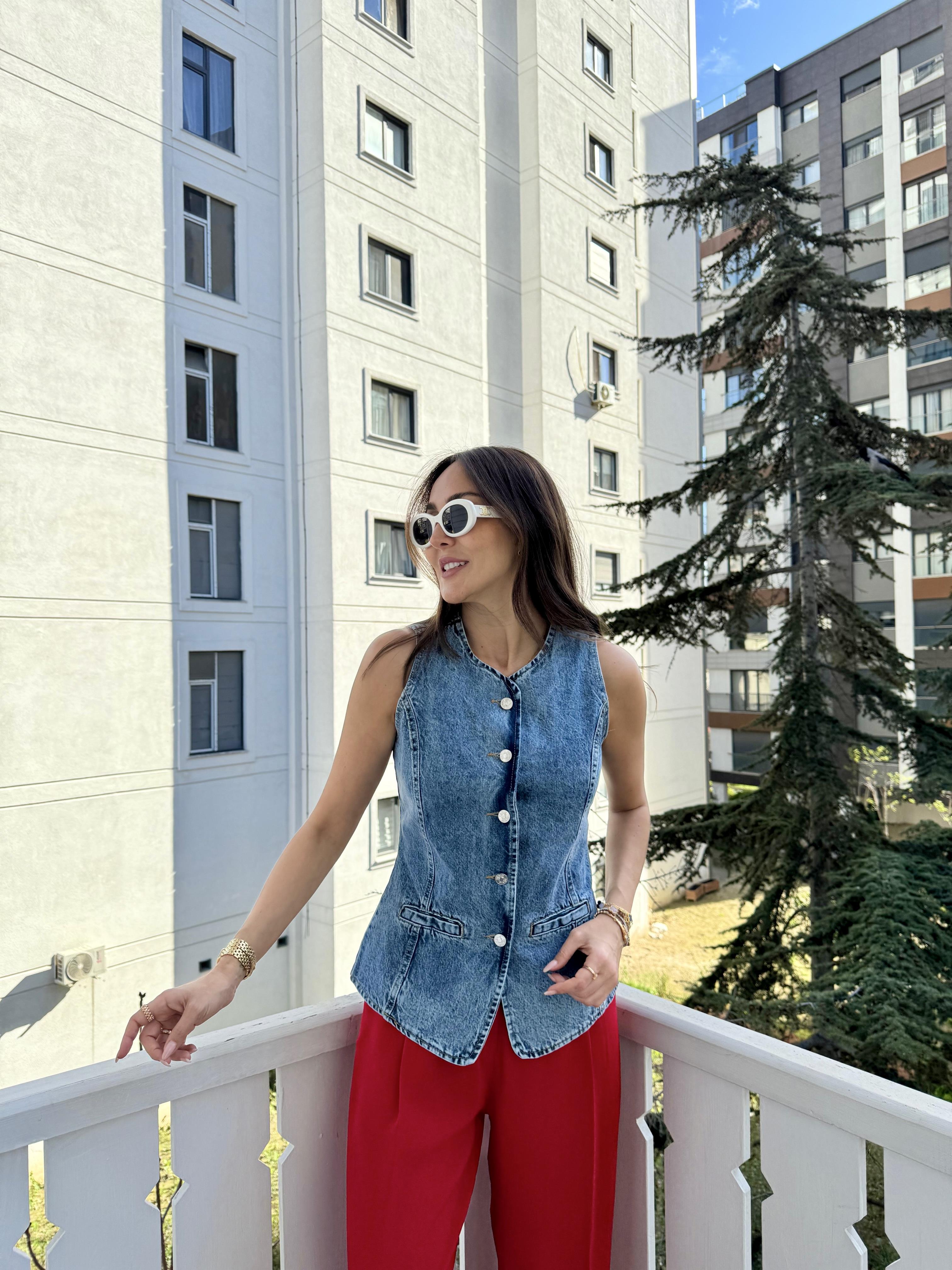 Mavi Yıkamalı Kot Yelek