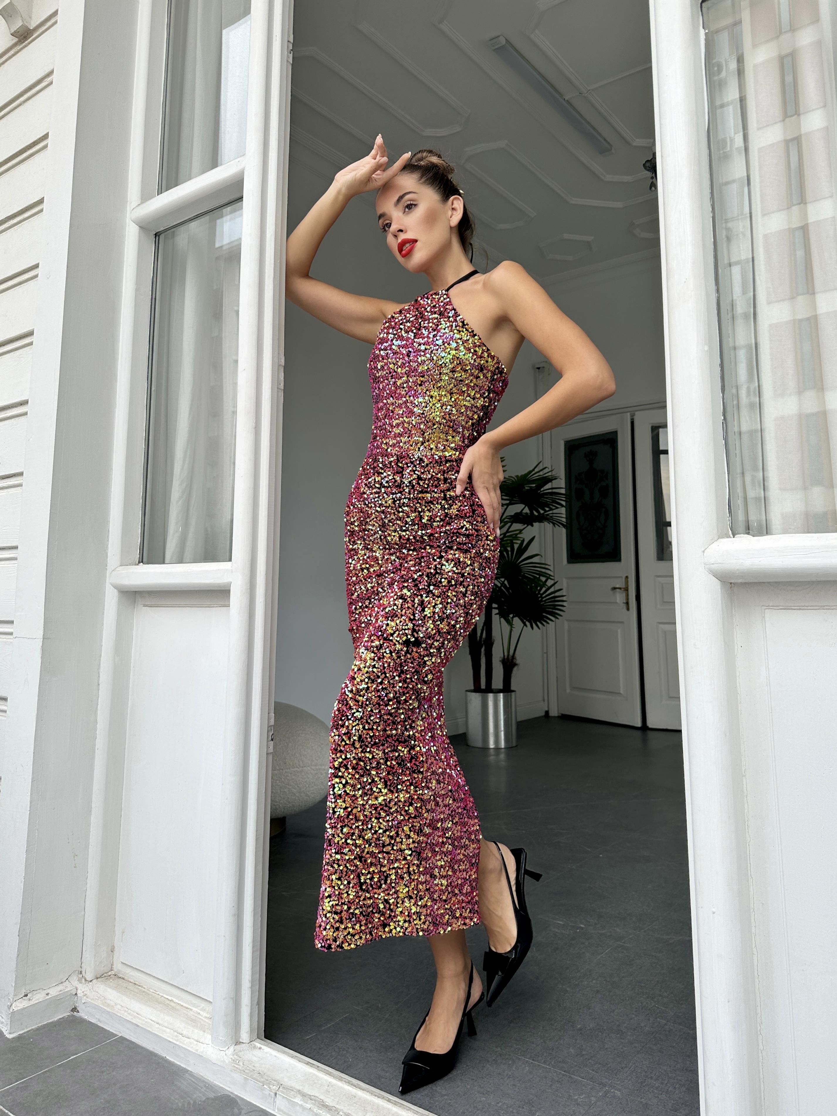 Mor Bağcıklı Pul Elbise