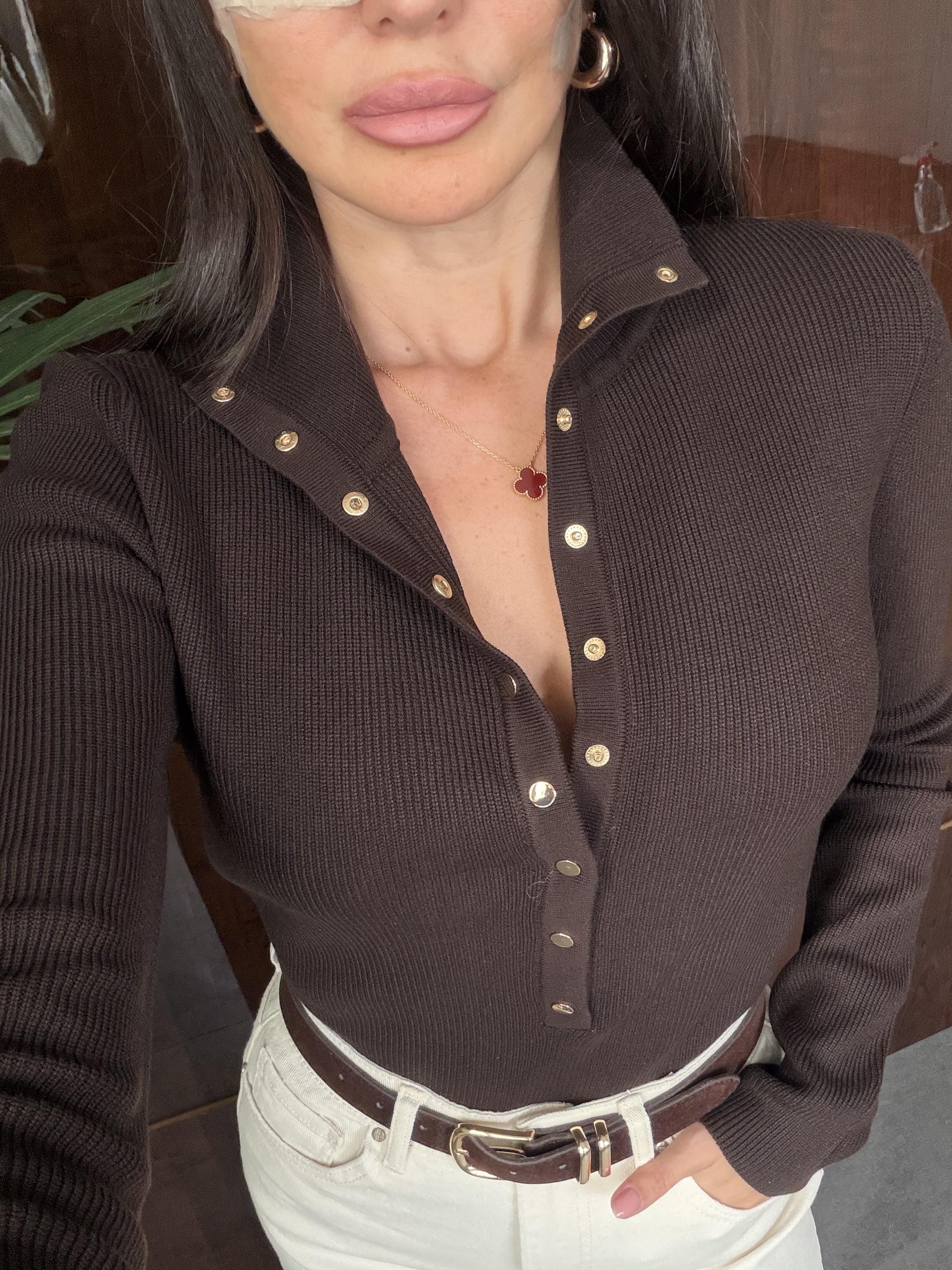 Orta Kahve Dik Yaka Çıtçıtlı Triko Kazak