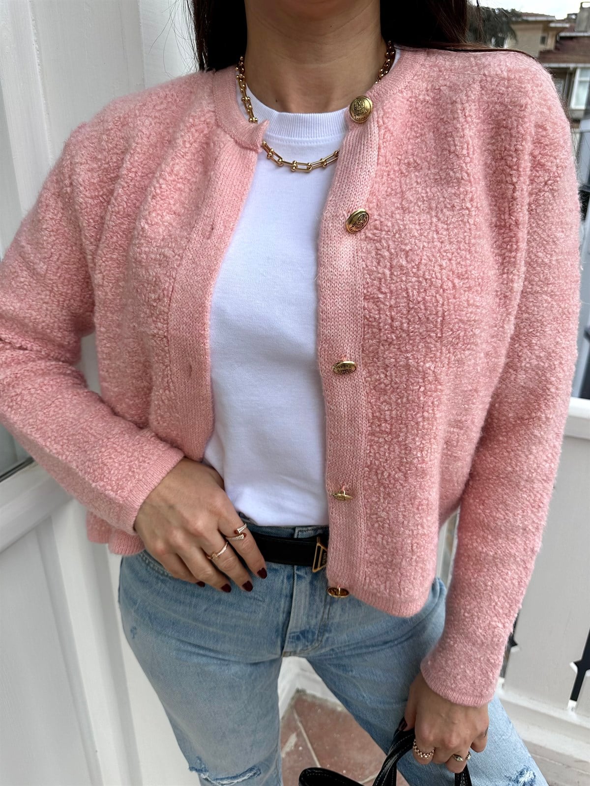 Pembe Altın Renk Düğmeli Hırka