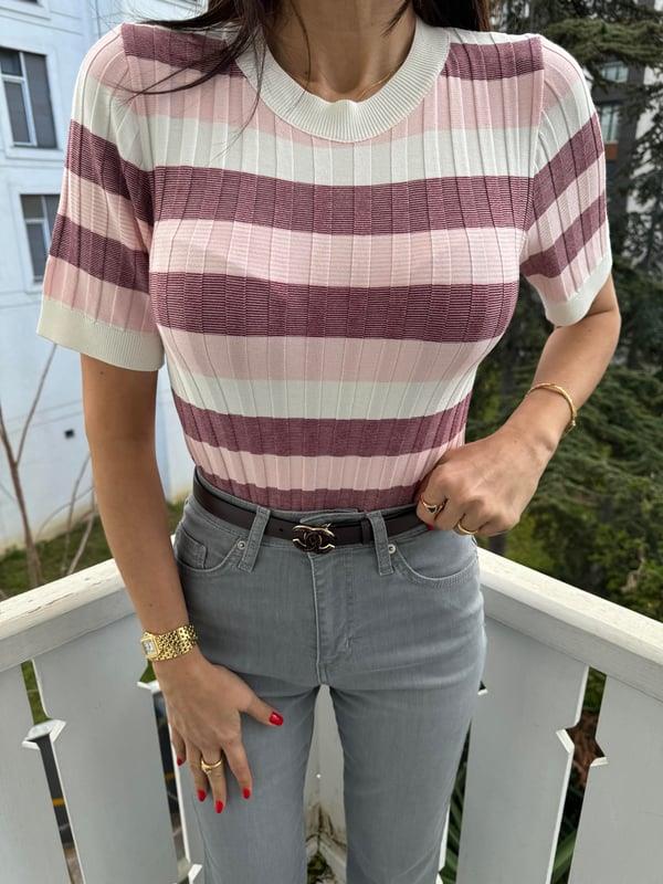 Pembe Bisiklet Yaka Çizgili Yumuşak Dokulu Triko Bluz