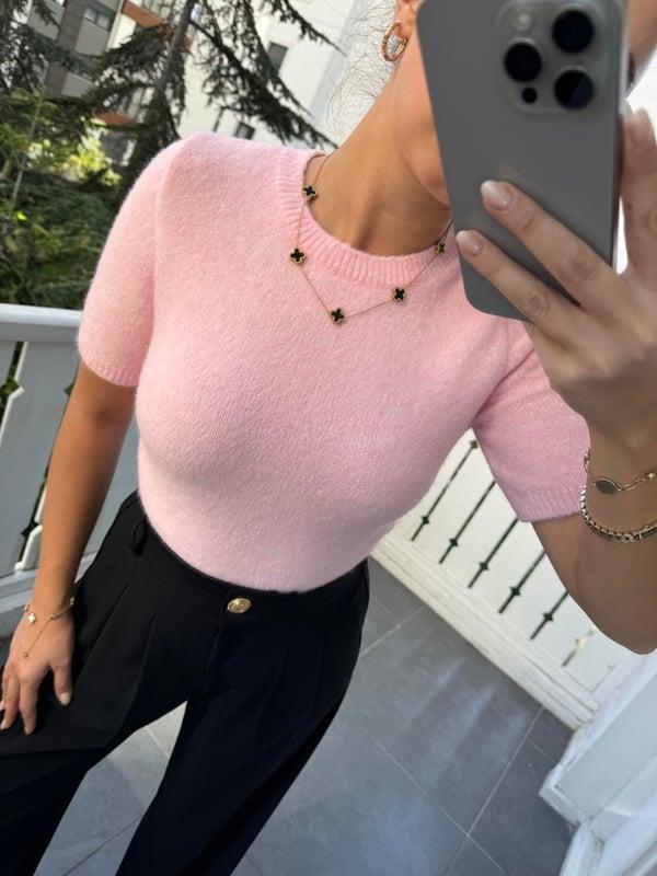 Pembe Bisiklet Yaka Yumuşak Dokulu Kısa Kol Triko Kazak
