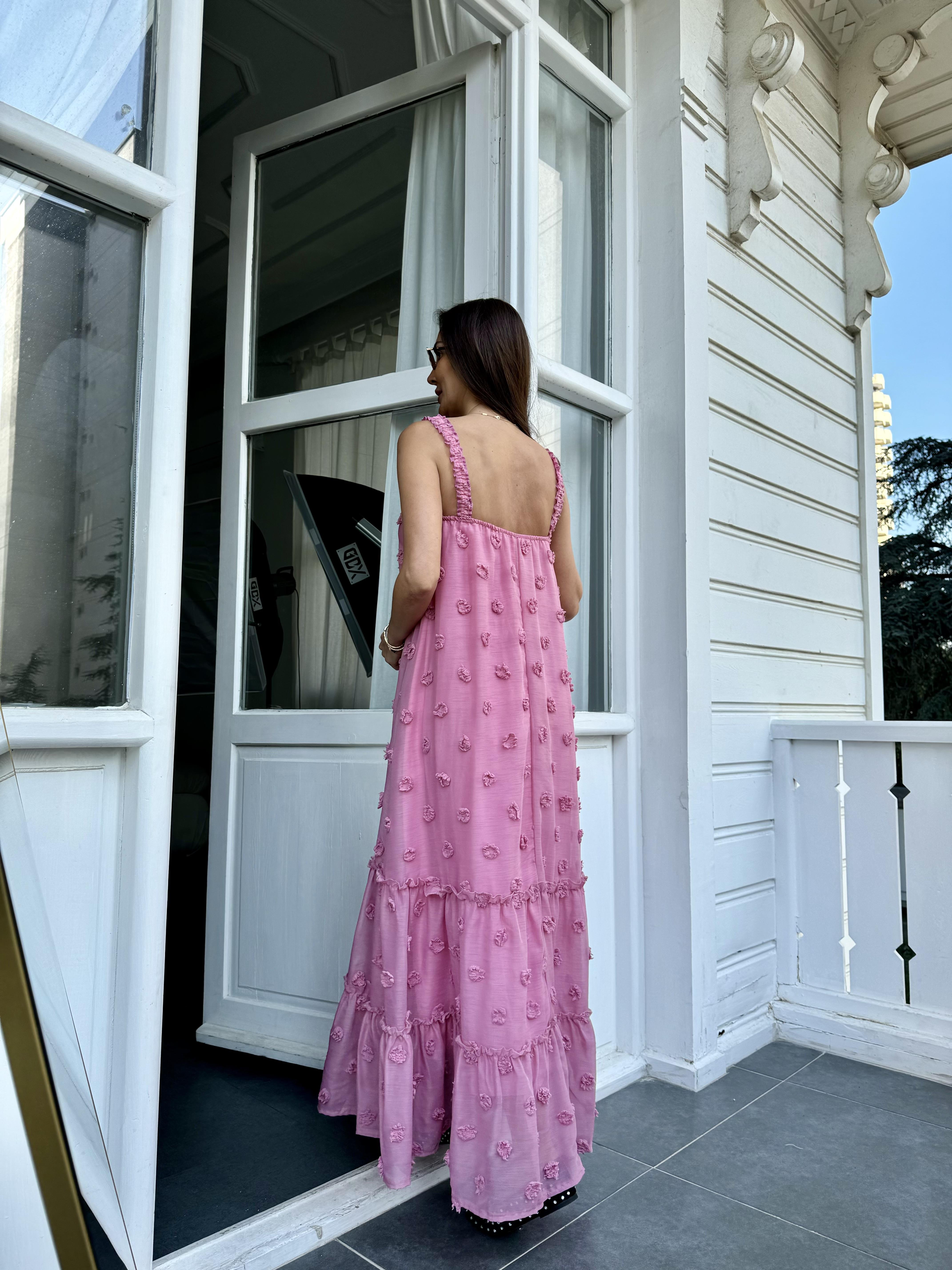 Pembe Büyük Ponpon Şifon Astarlı Elbise