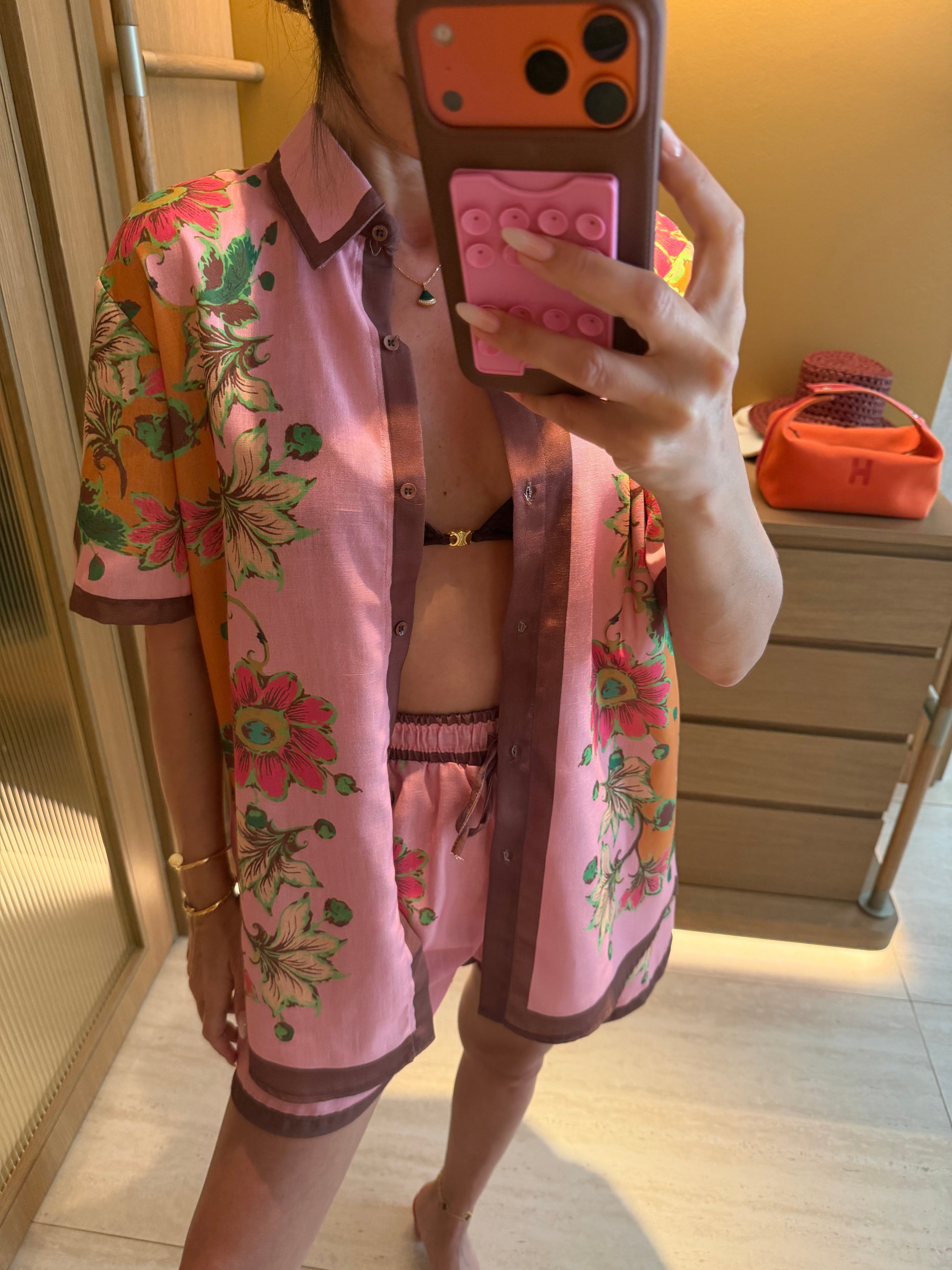 Pembe Çiçekli Gömlek Şort Takım