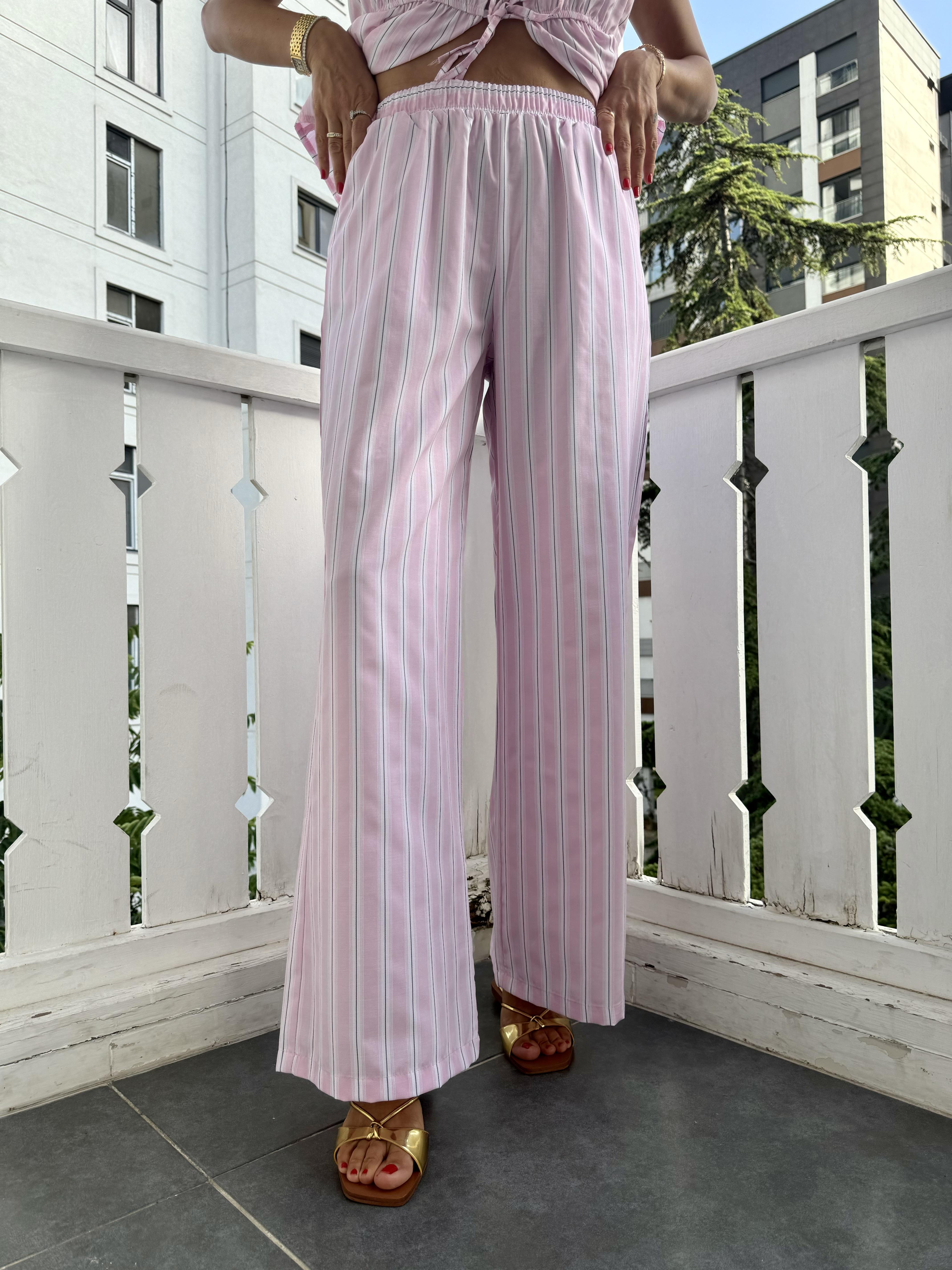 Pembe Çizgili Poplin KumaşTakım