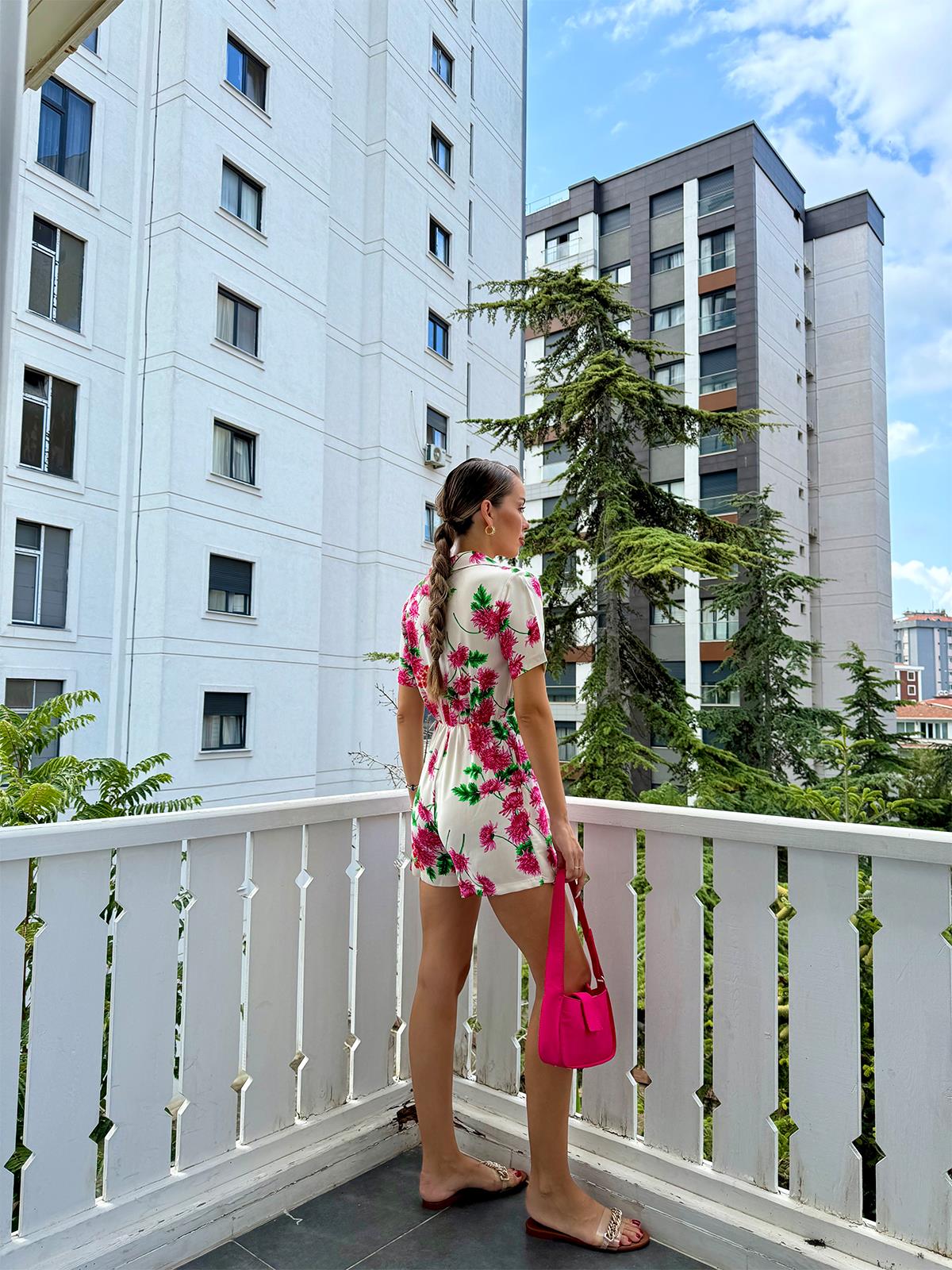 Pembe Desenli Kruvaze Tulum