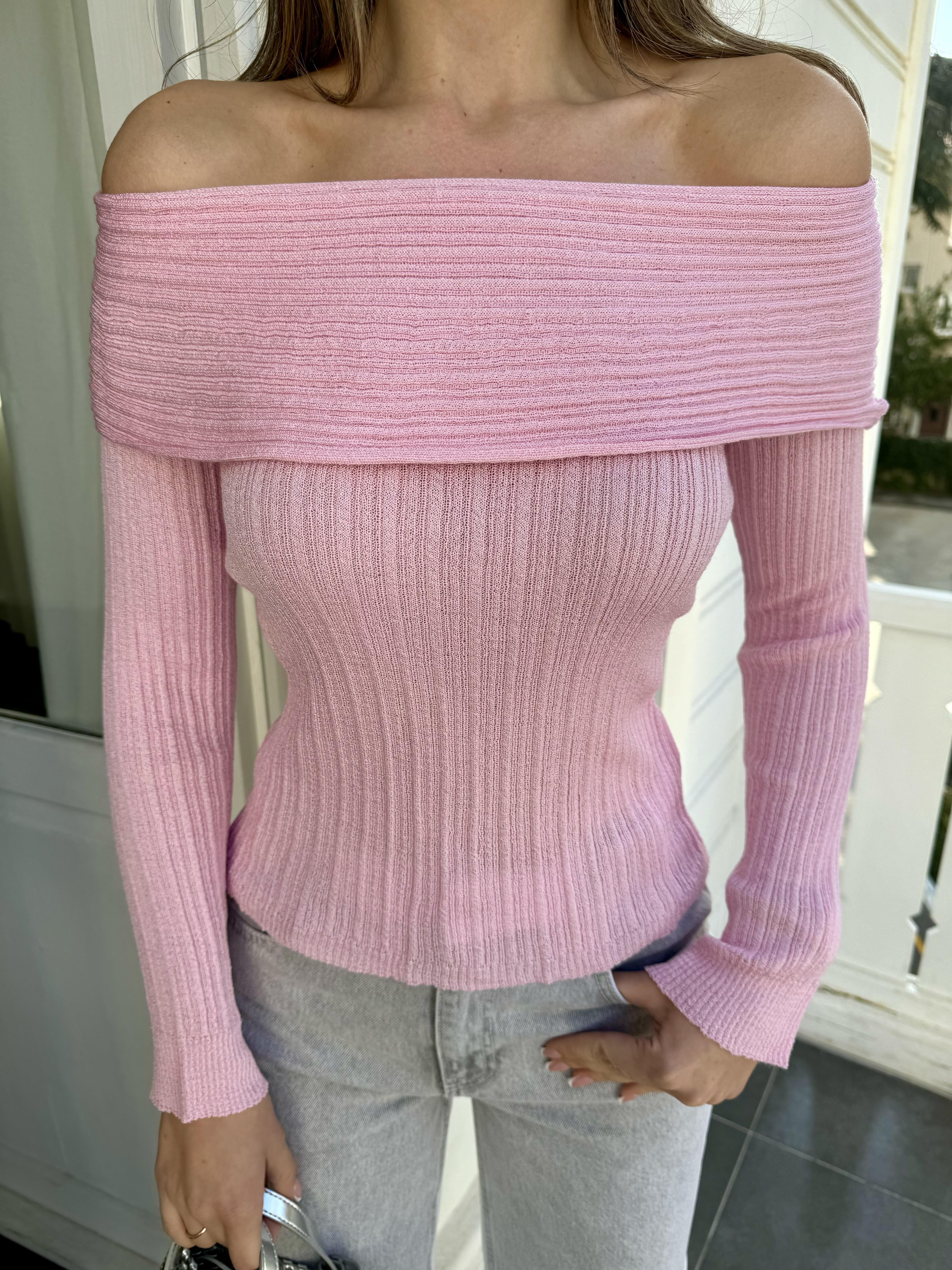 Pembe İnce Doku Kayık YaKa Triko