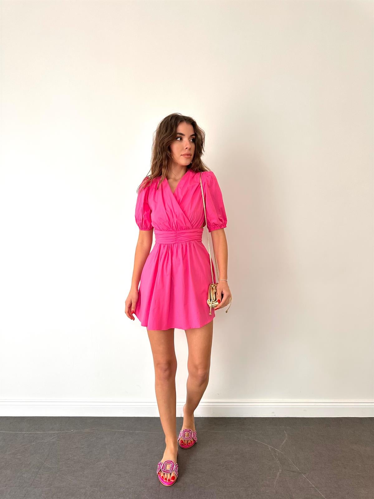 Pembe Karpuz Kol Mini Elbise