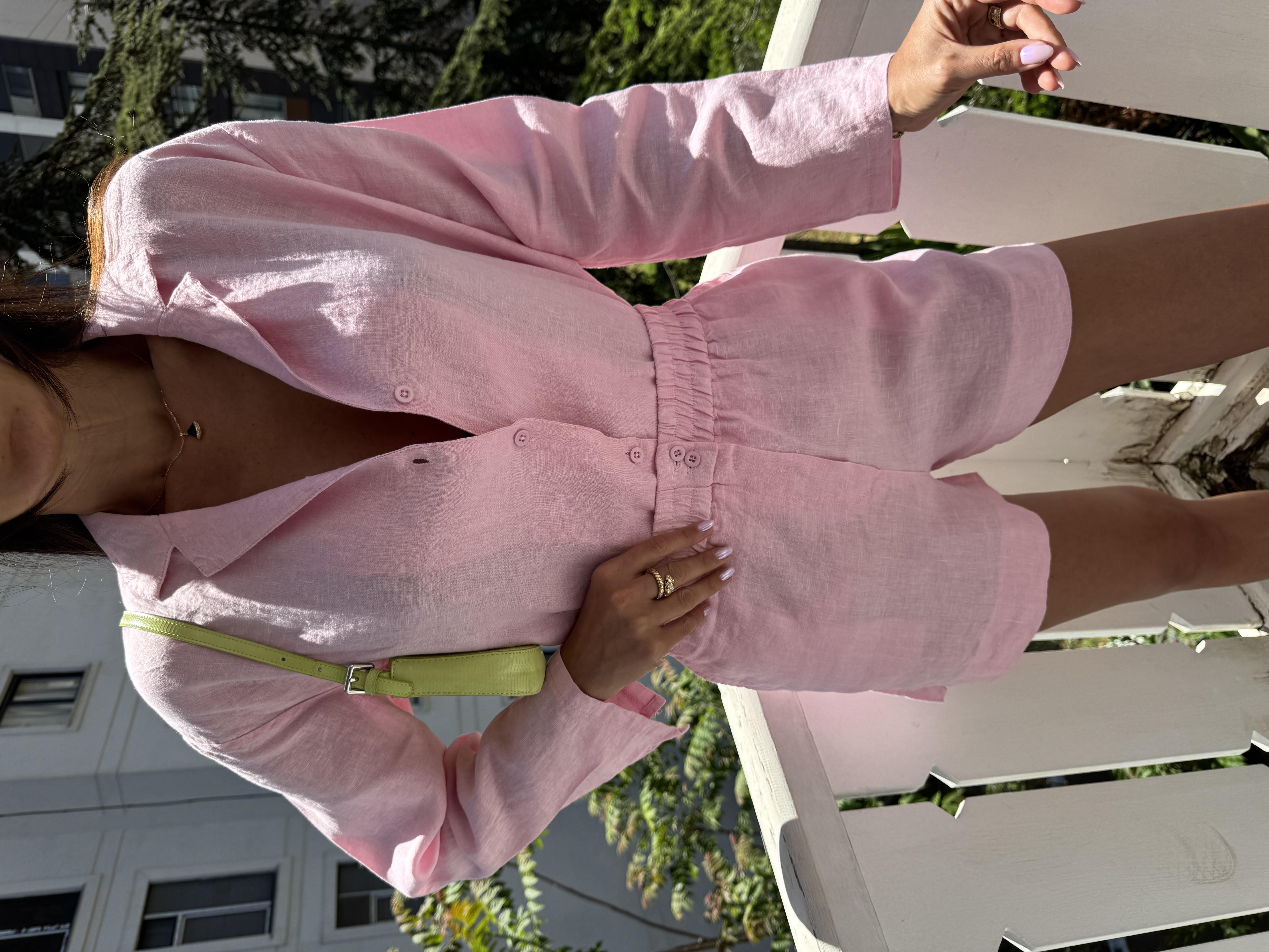 Pembe Keten Şortlu Takım