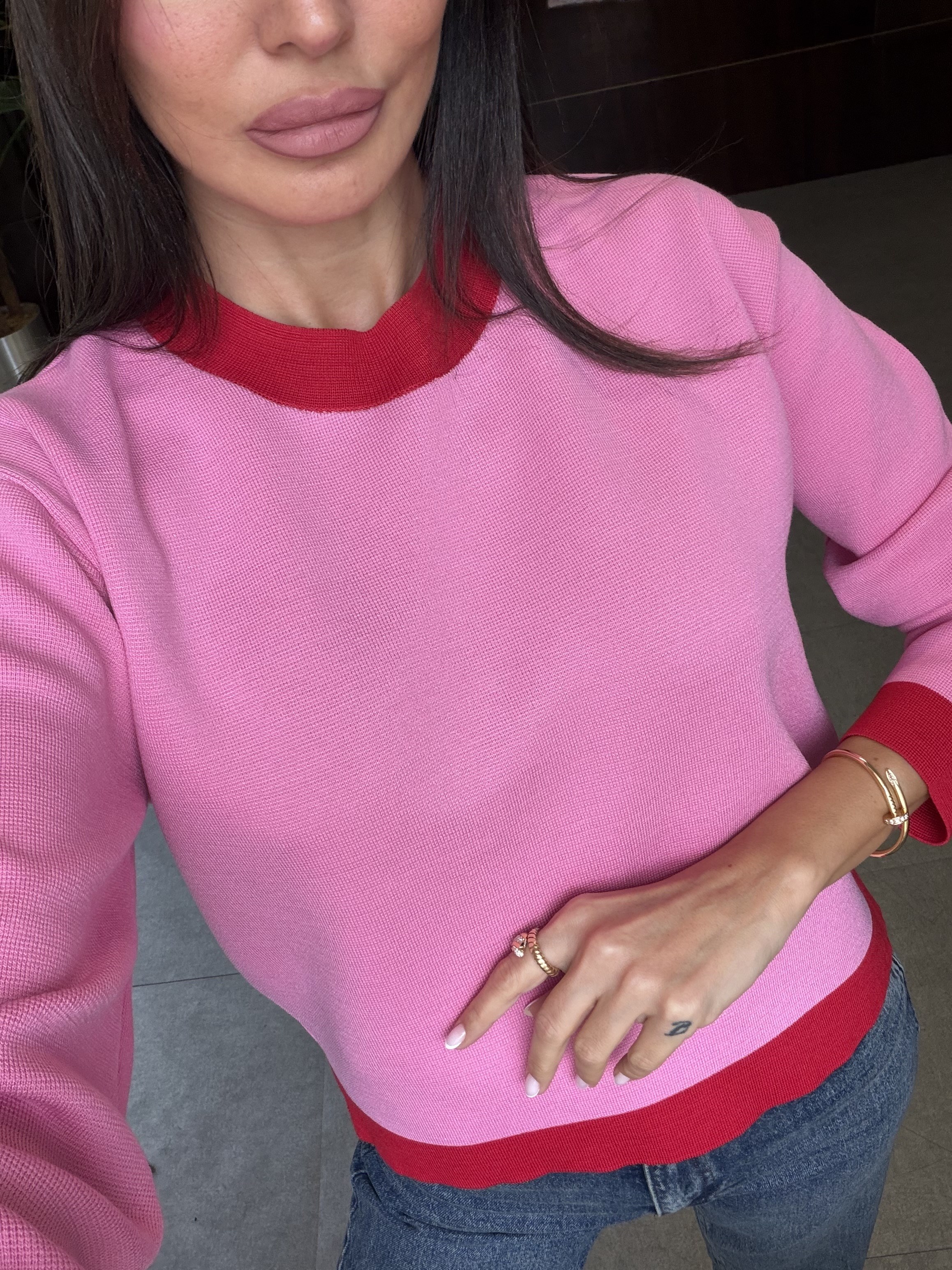 Pembe Kırmızı Şeritli Bisiklet Yaka Kazak