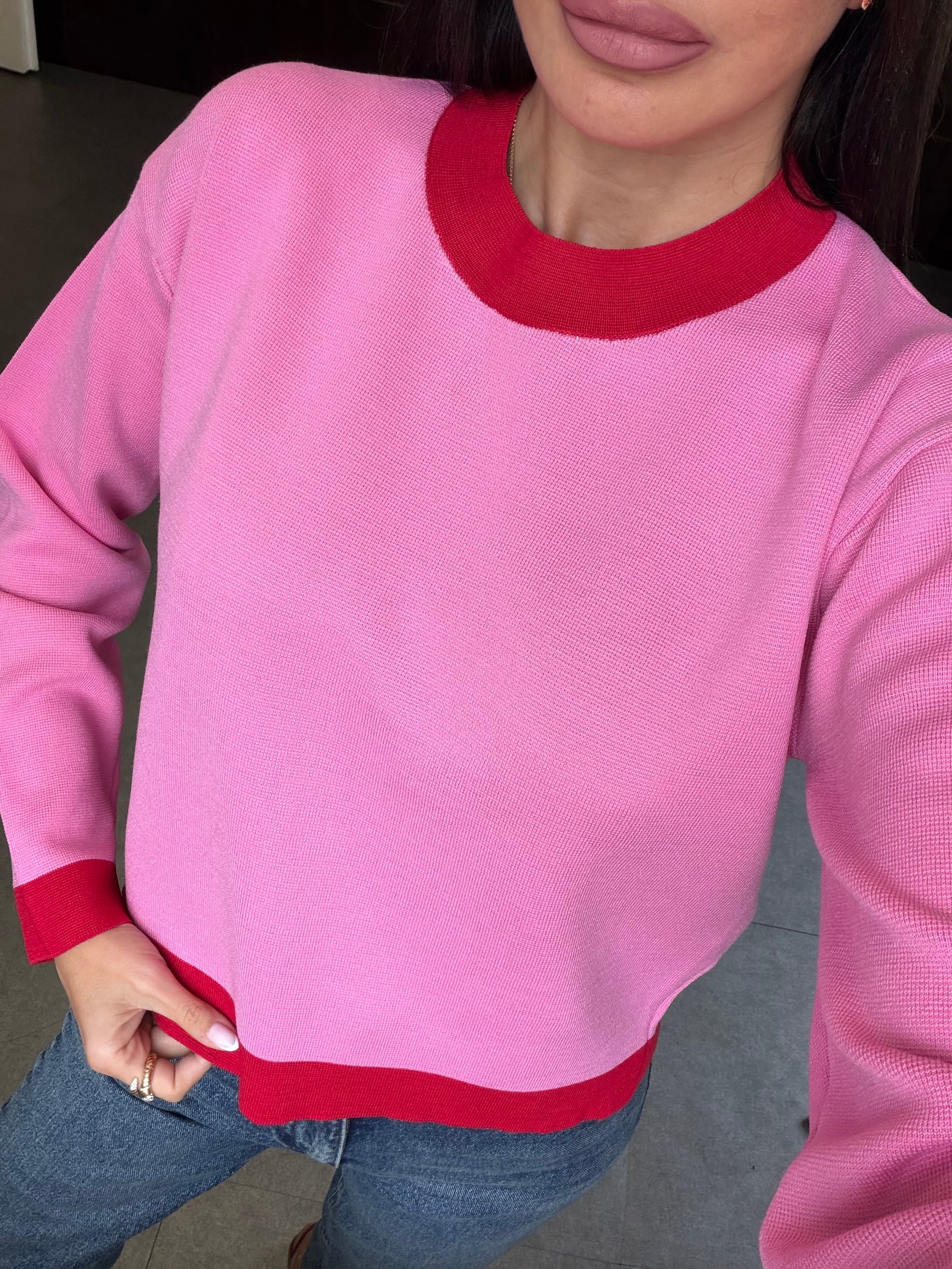 Pembe Kırmızı Şeritli Bisiklet Yaka Kazak