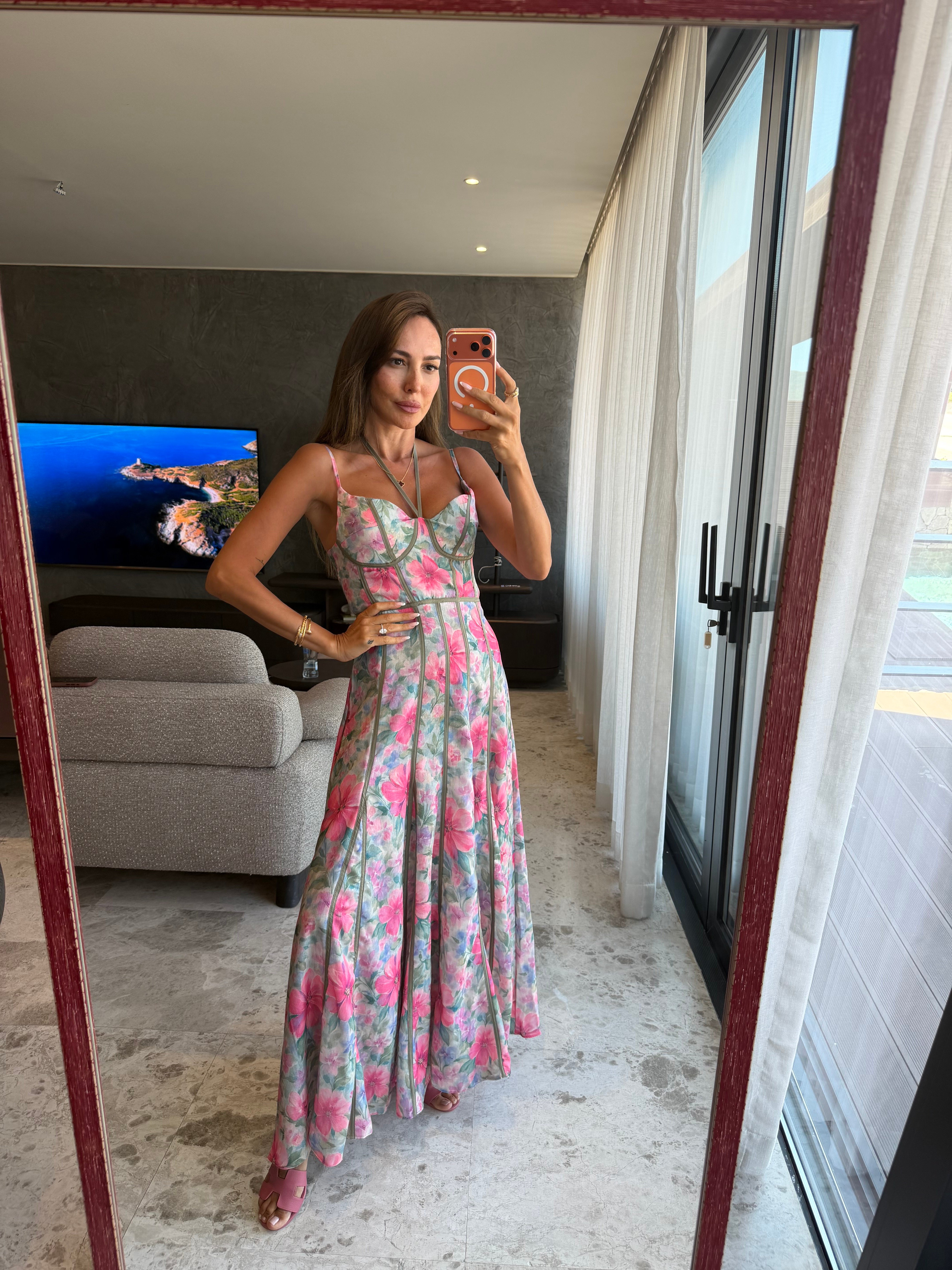 Pembe Şeritli Keten Elbise
