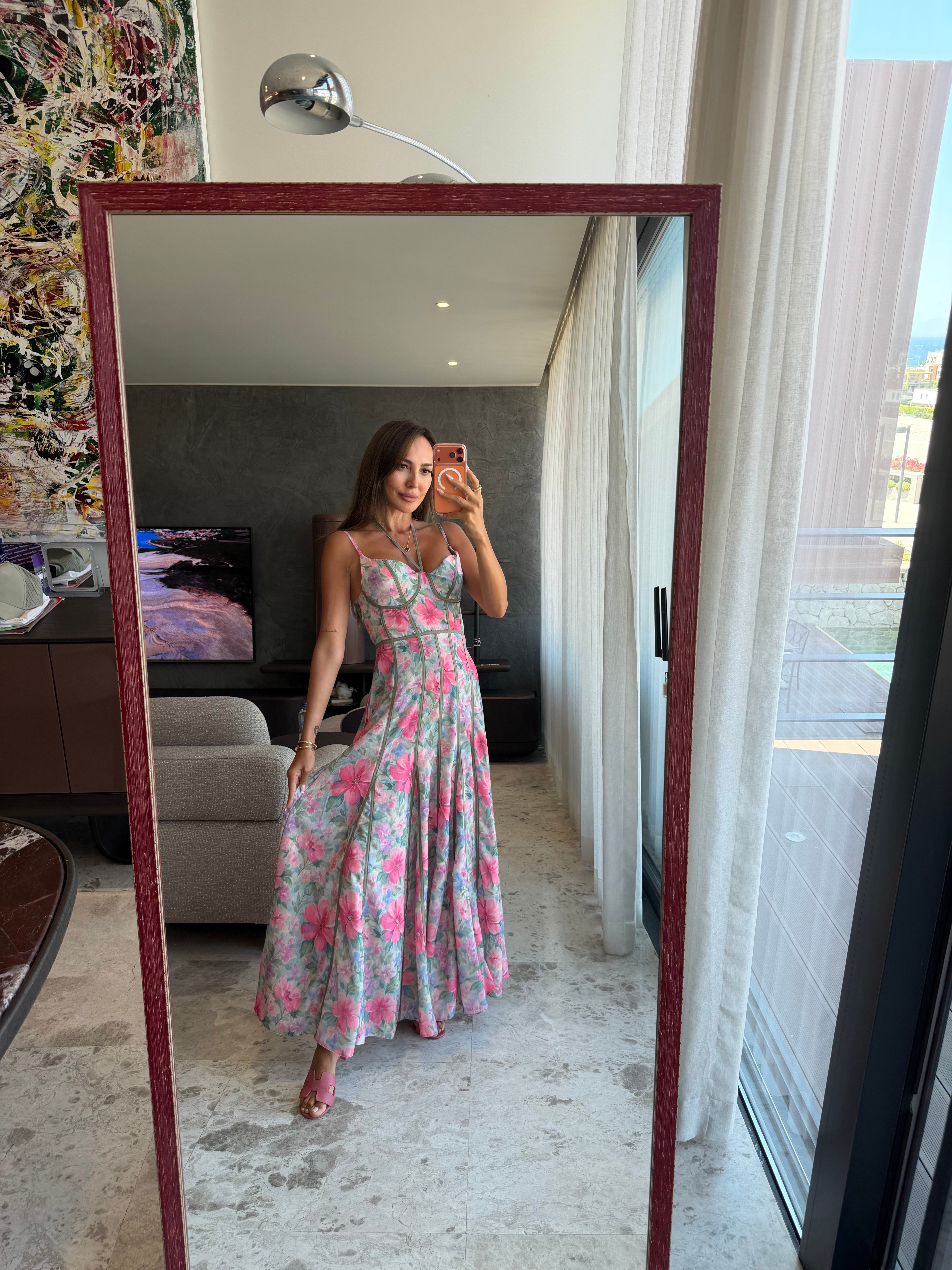 Pembe Şeritli Keten Elbise