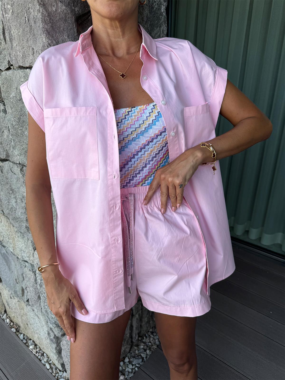 Pembe Taşlı Kuşak Şort Takım