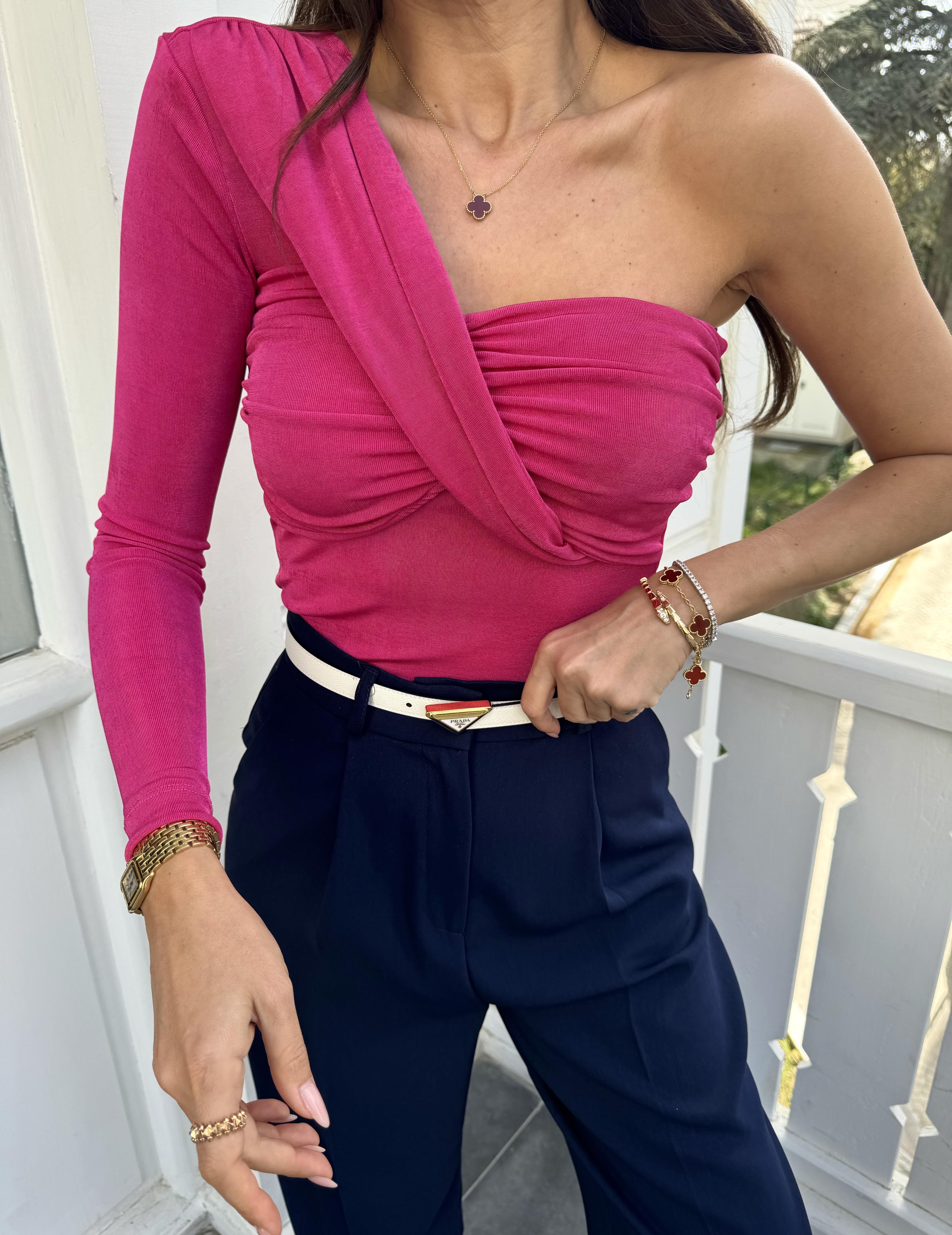 Pembe Tek Kol Drapeli Bluz