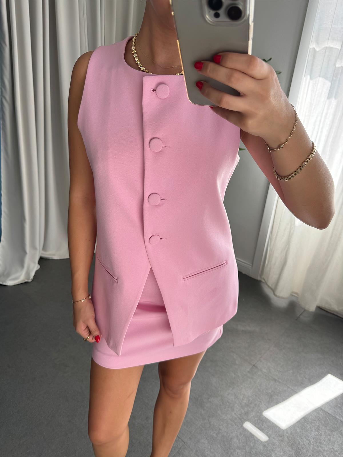 Pembe Yelekli Etek Takım