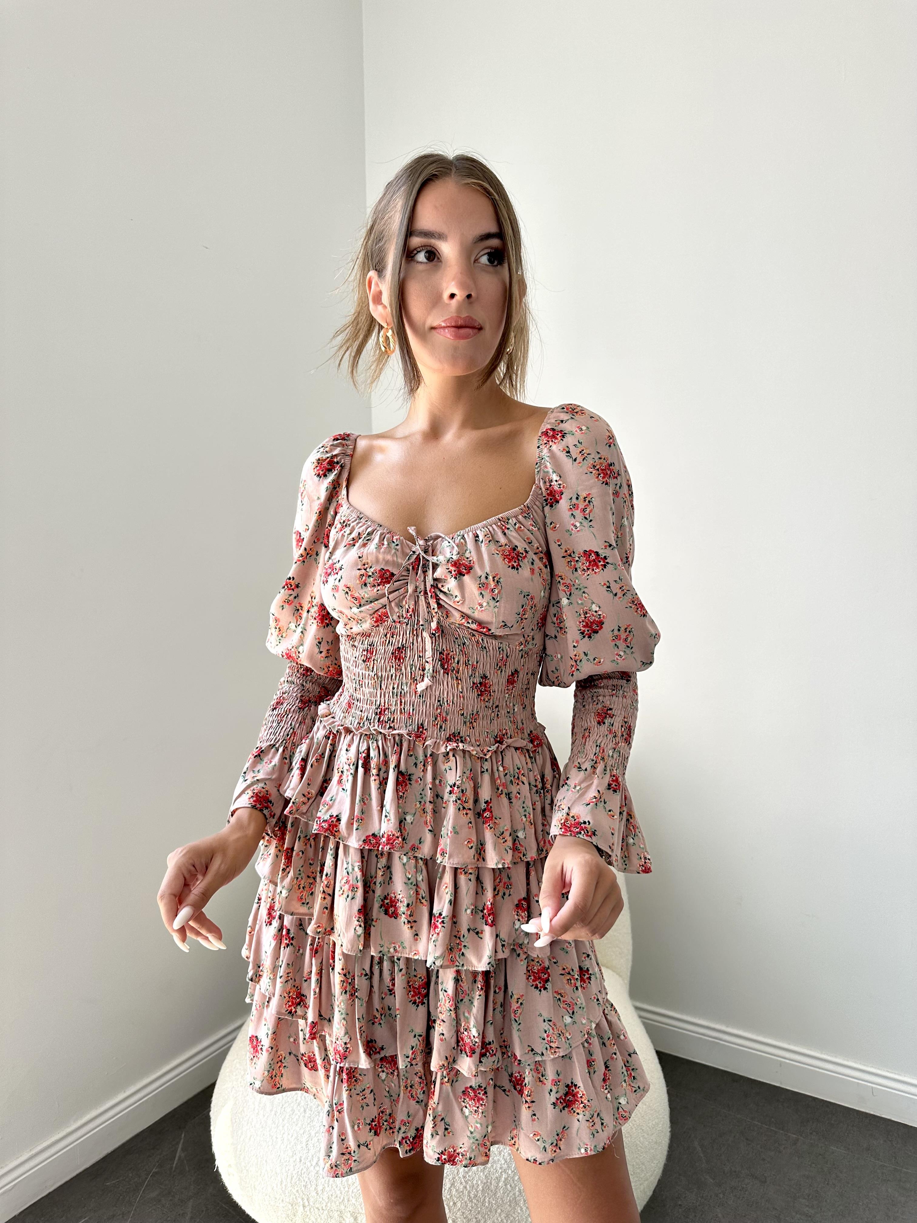 Pudra Çıtır Desen Katlı Elbise