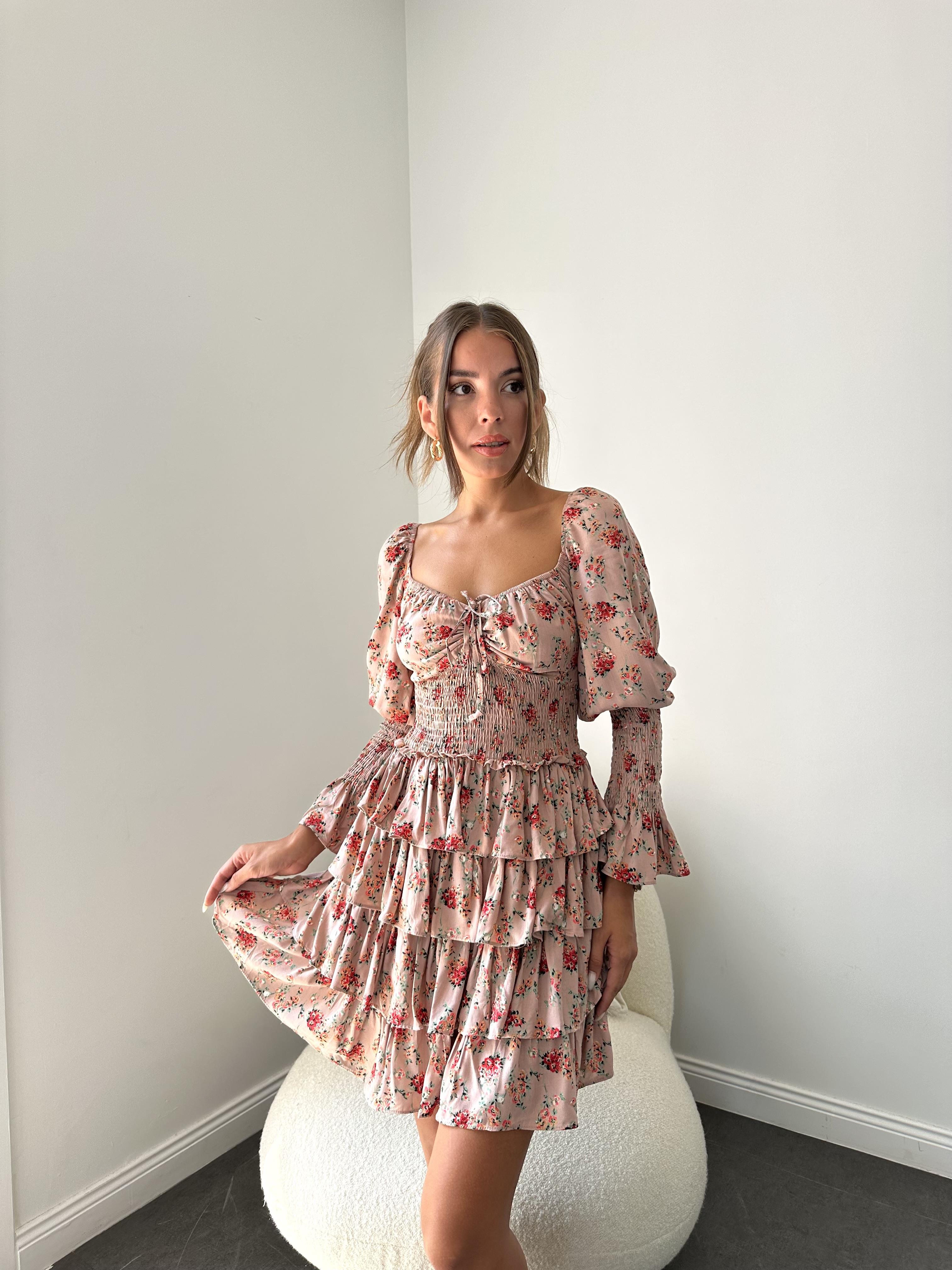 Pudra Çıtır Desen Katlı Elbise