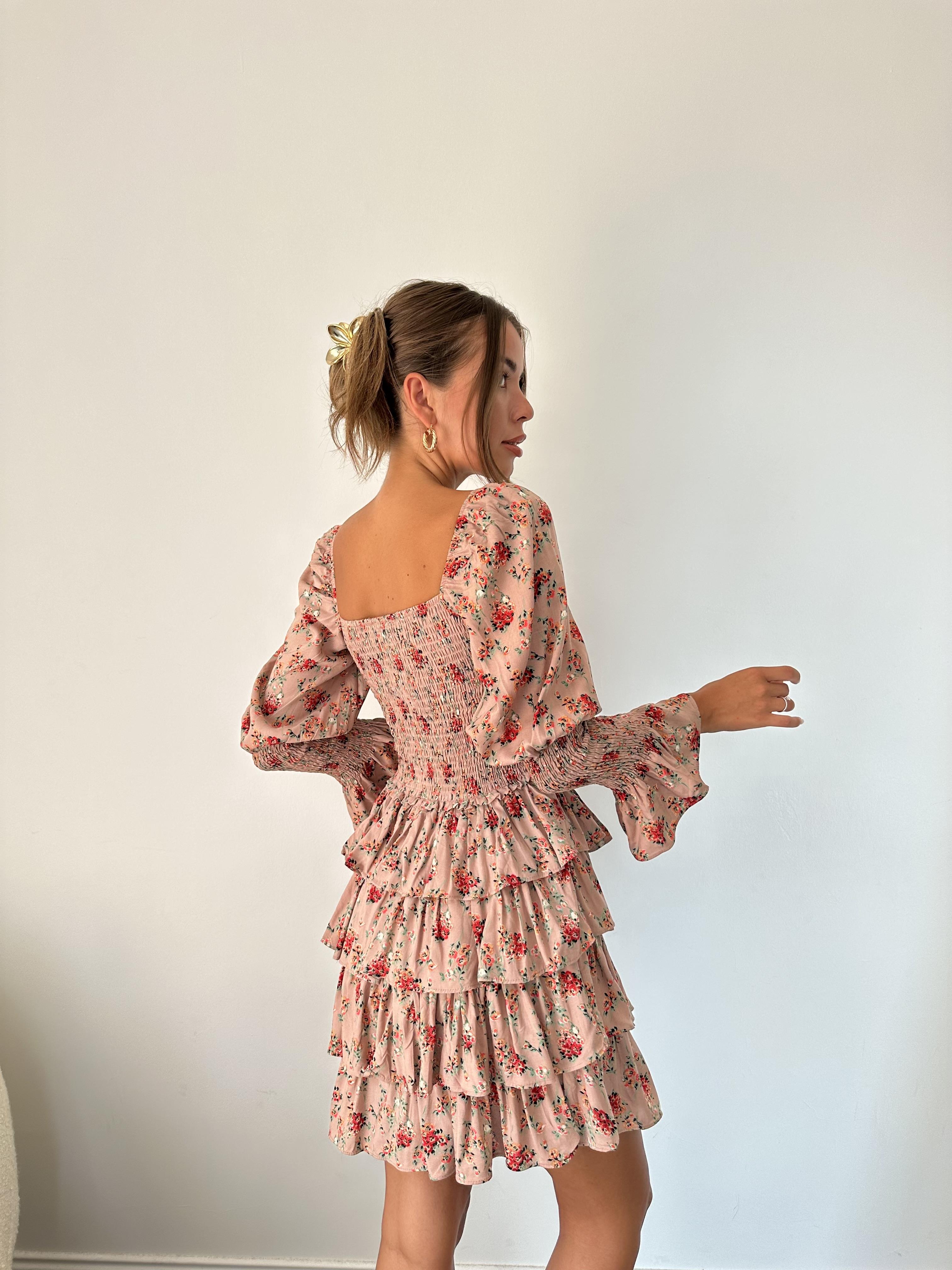 Pudra Çıtır Desen Katlı Elbise