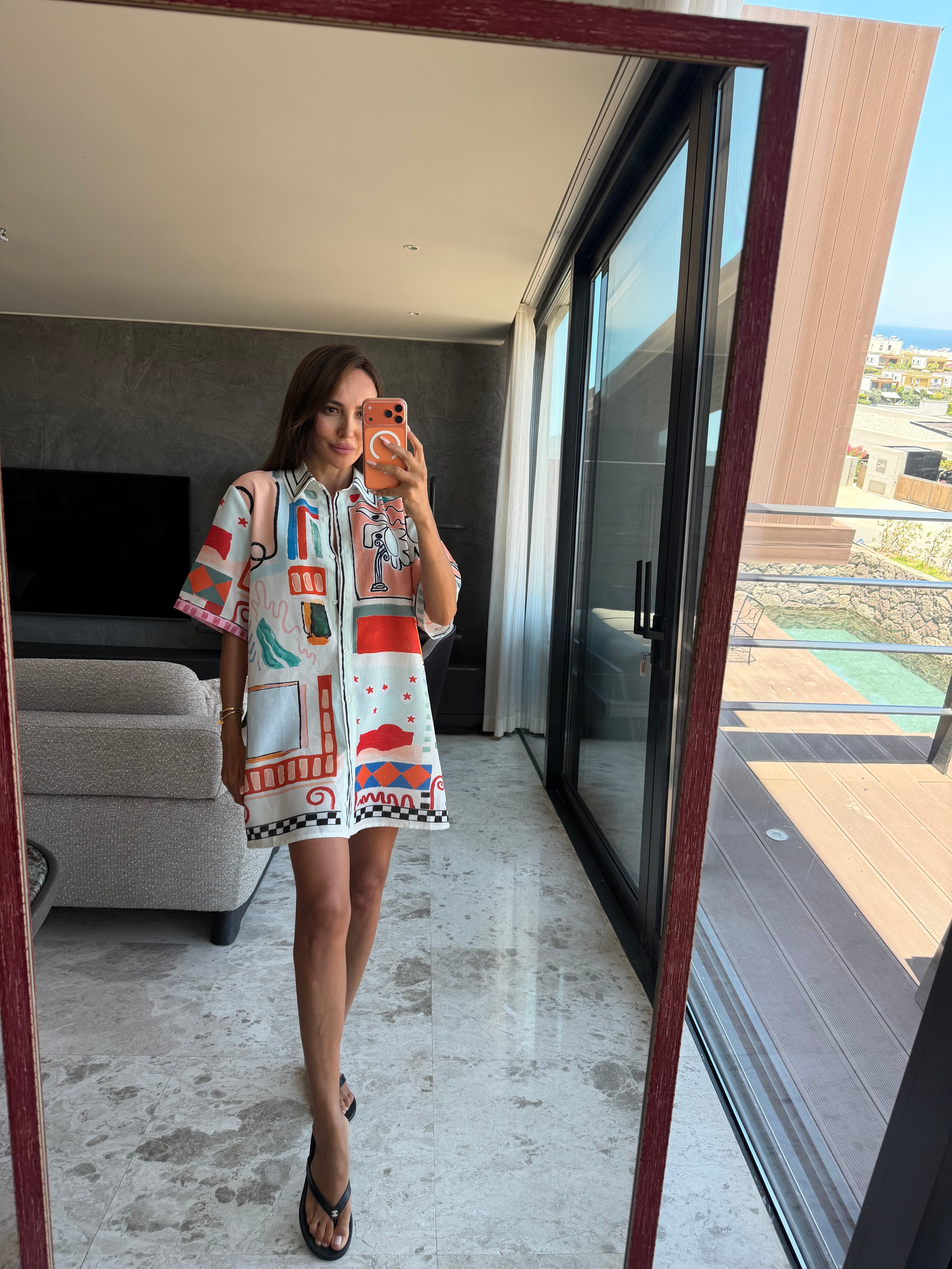 Renkli Figürlü Kuşaklı Kimono