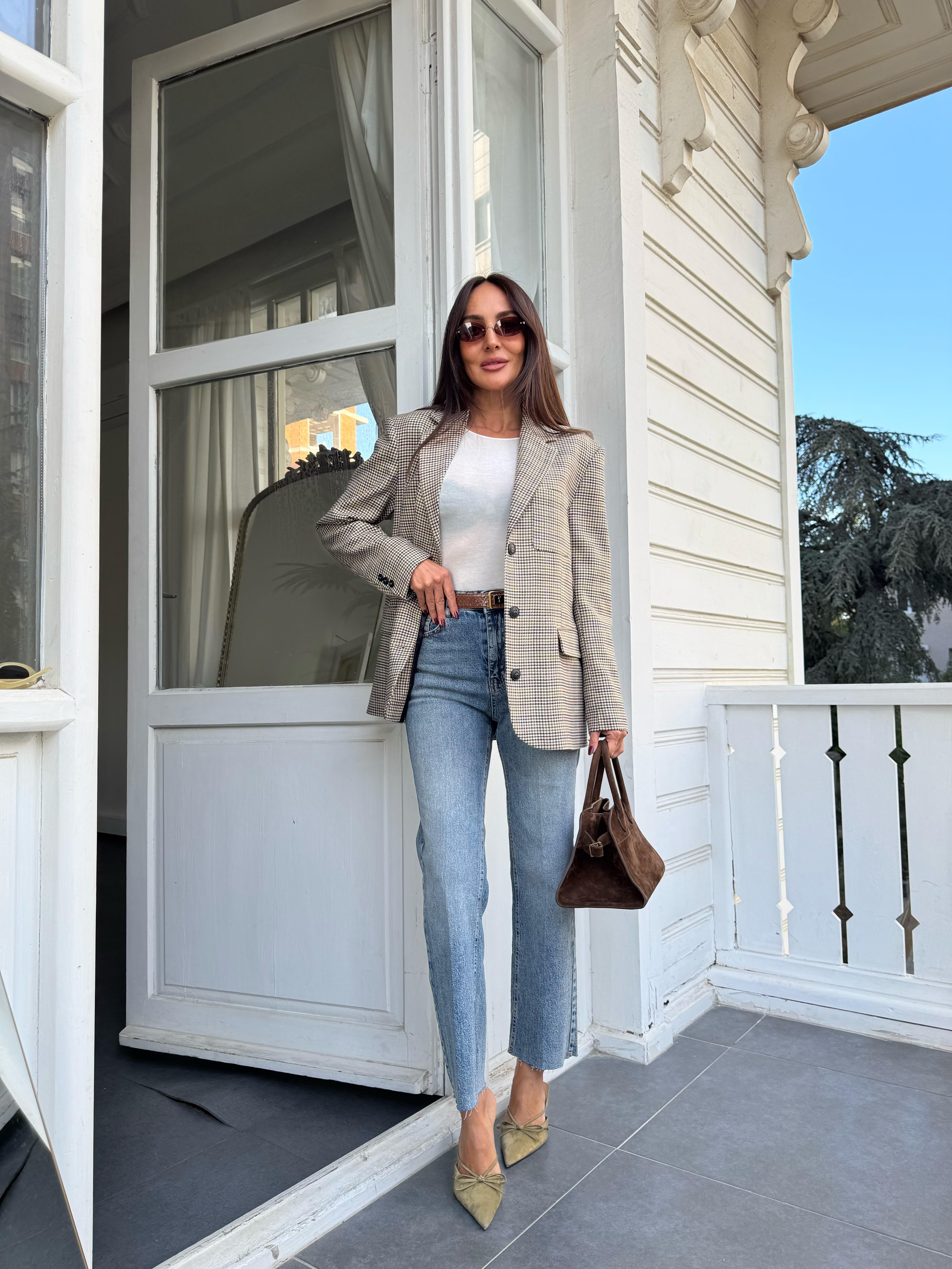 Renkli Ekose Üç Düğme Blazer Ceket