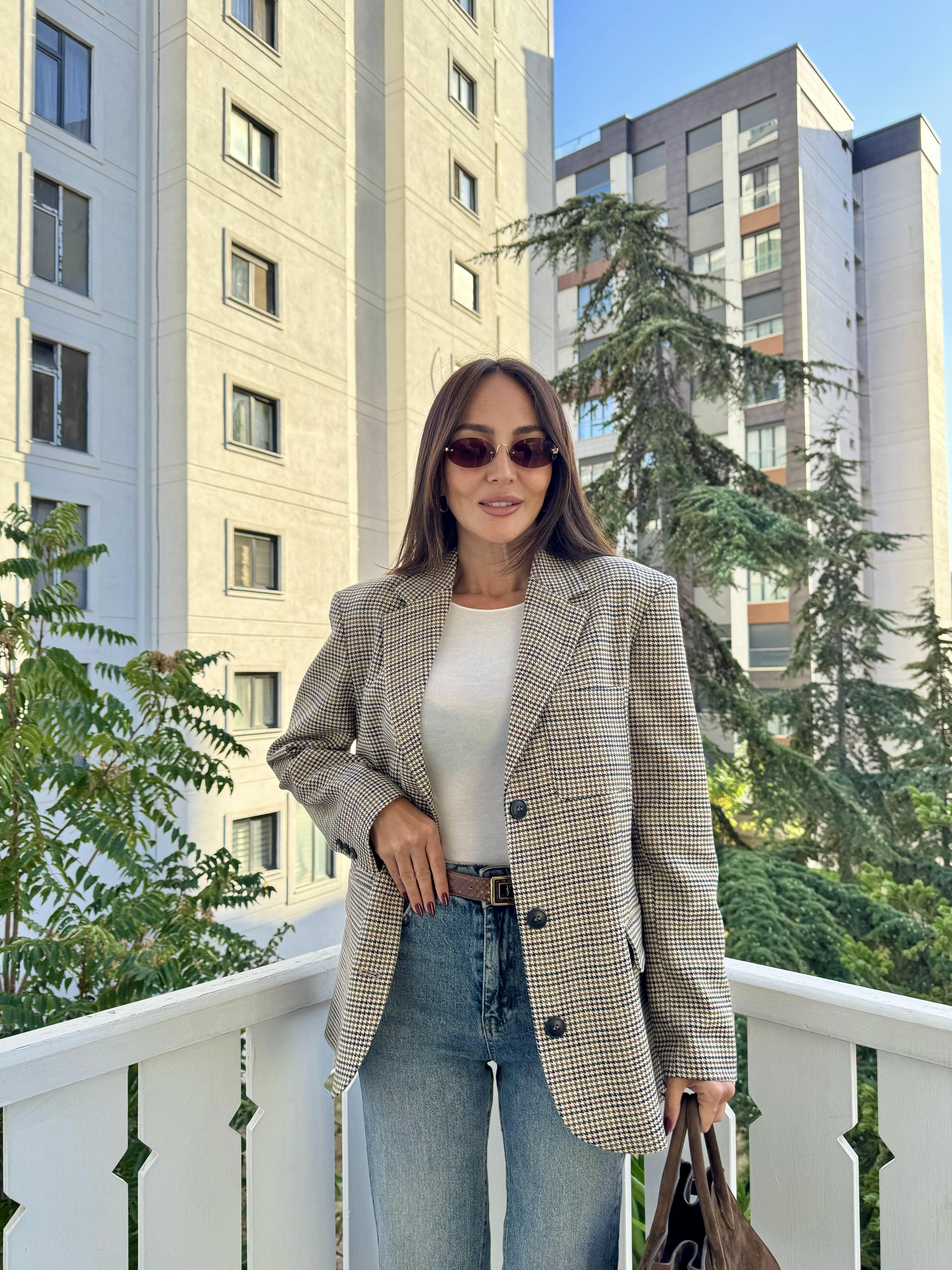 Renkli Ekose Üç Düğme Blazer Ceket