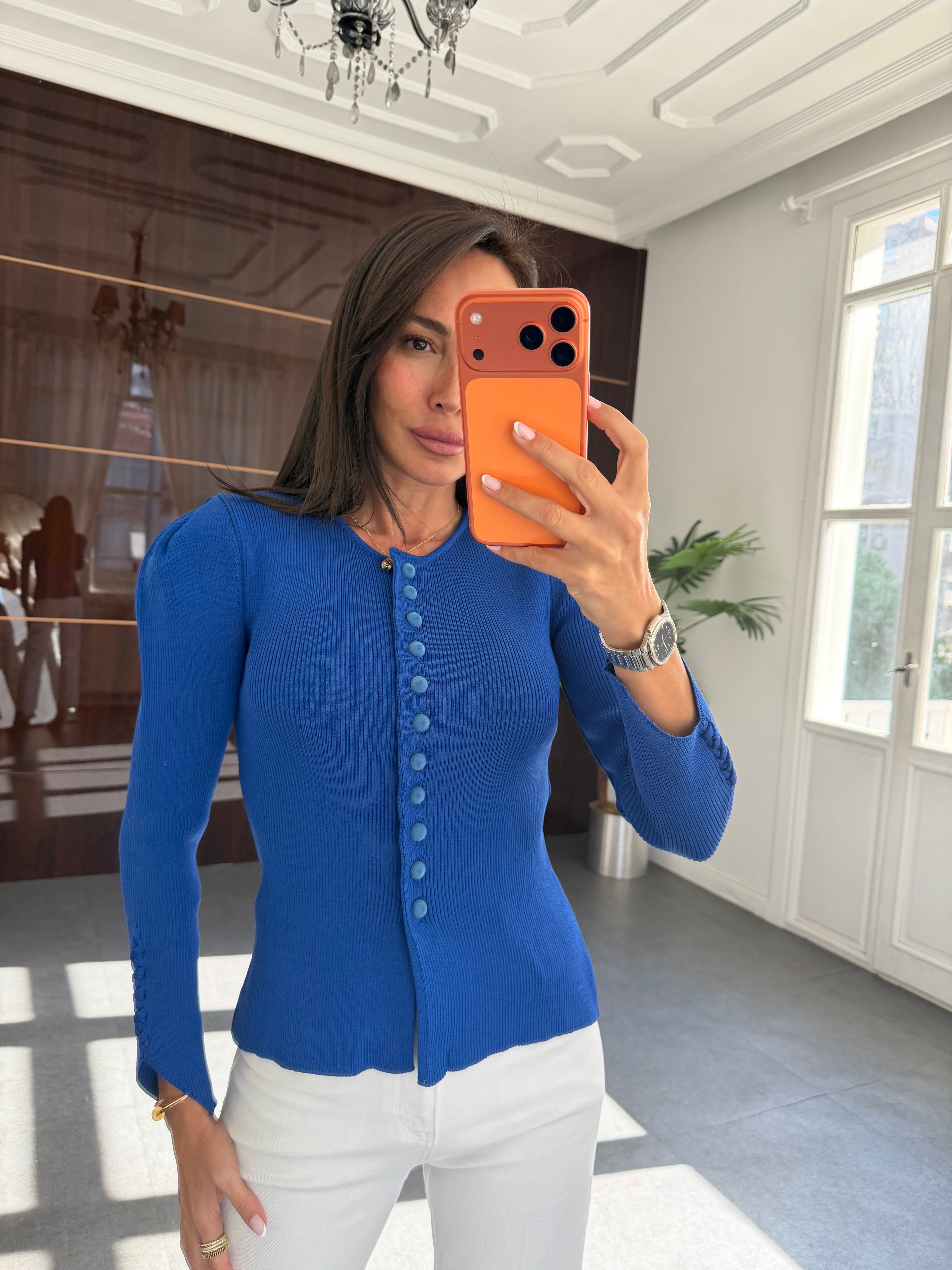 Saks Mavi Düğme Detaylı Kolları Bağlamalı Hırka