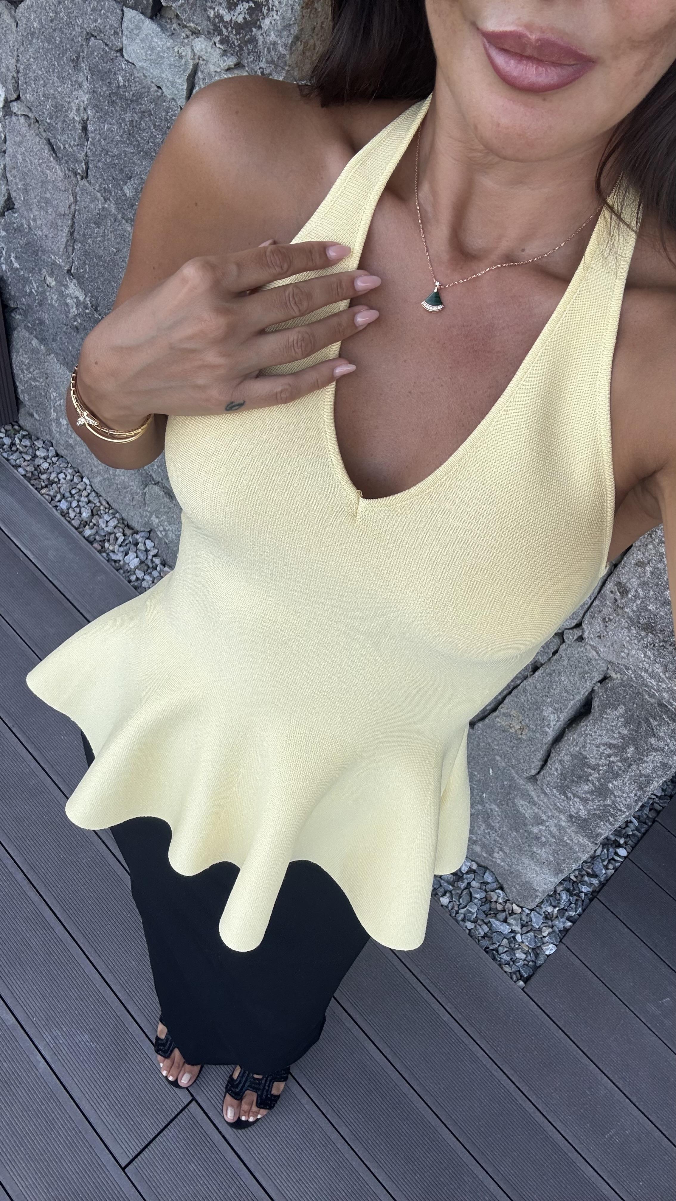 Sarı Halter V Yaka Peplum Triko Bluz