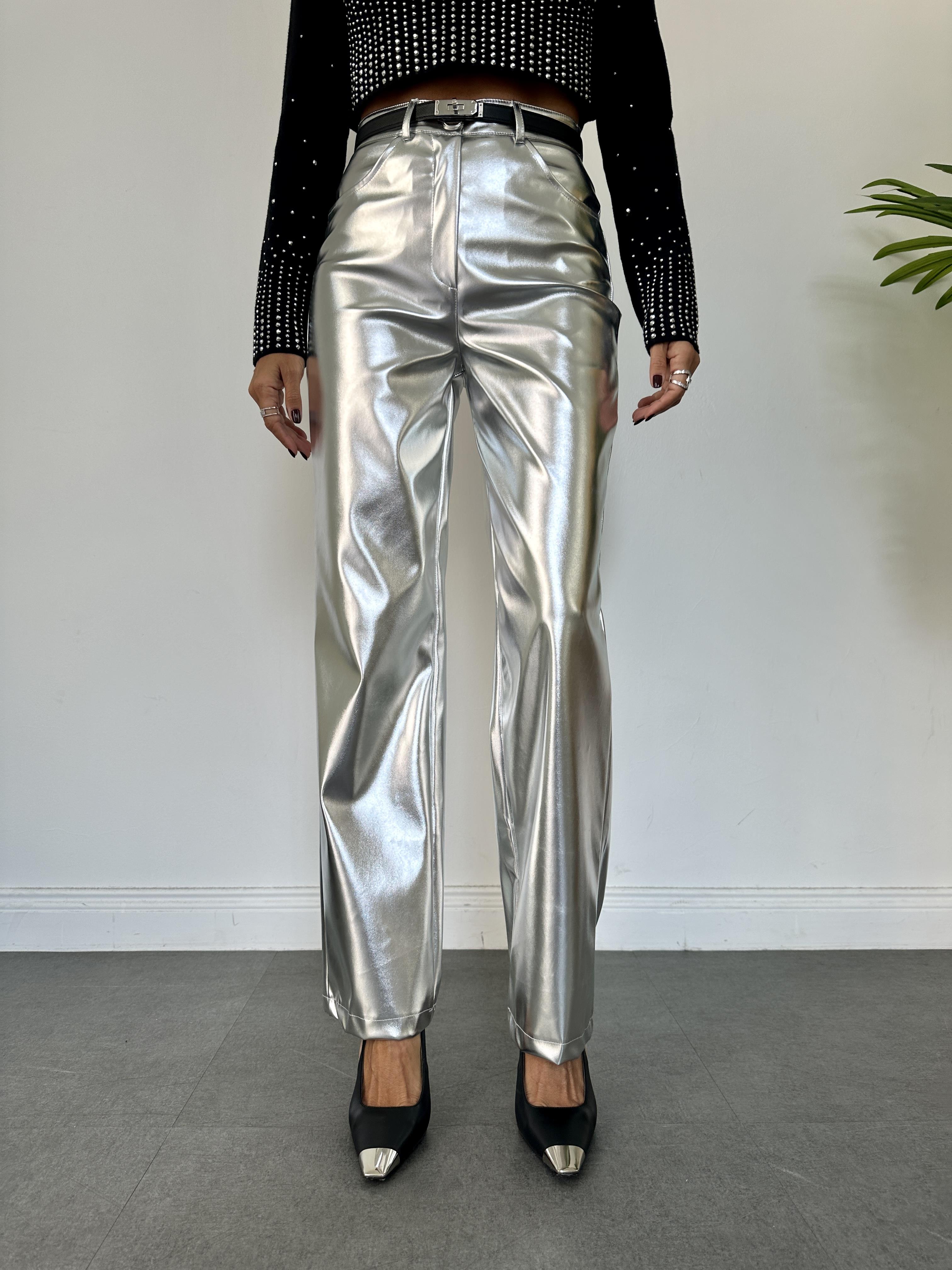 Silver Metalik Wide-Leg Pantolon