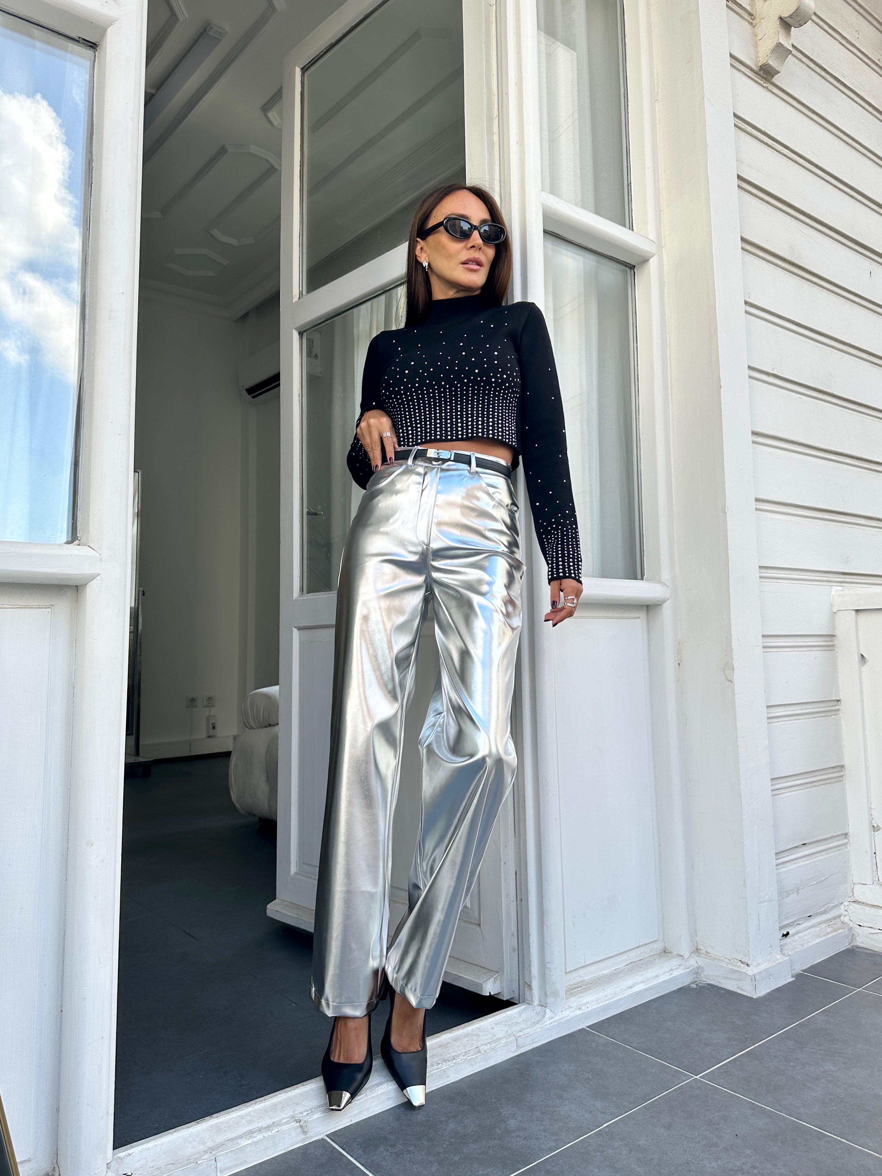 Silver Metalik Wide-Leg Pantolon