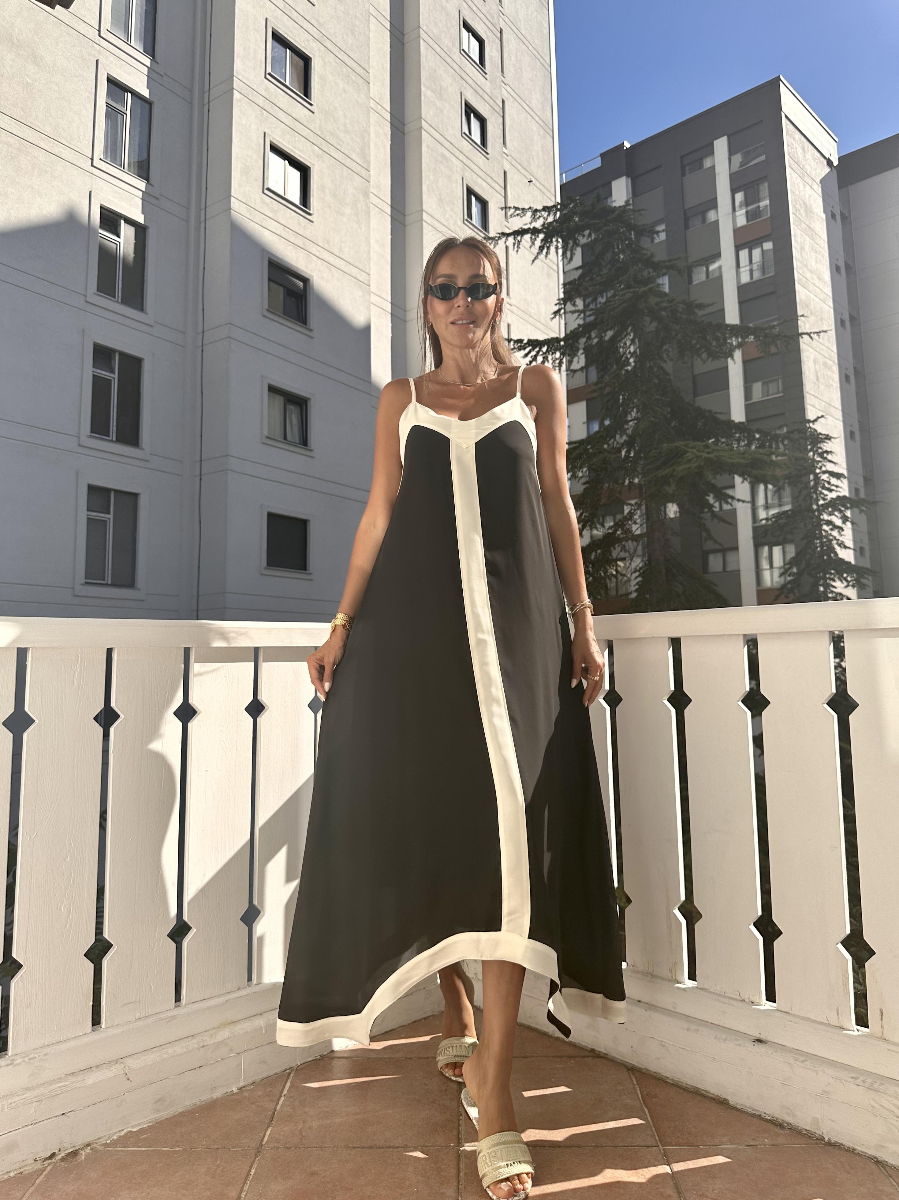 Siyah Asimetrik İp Askılı Elbise