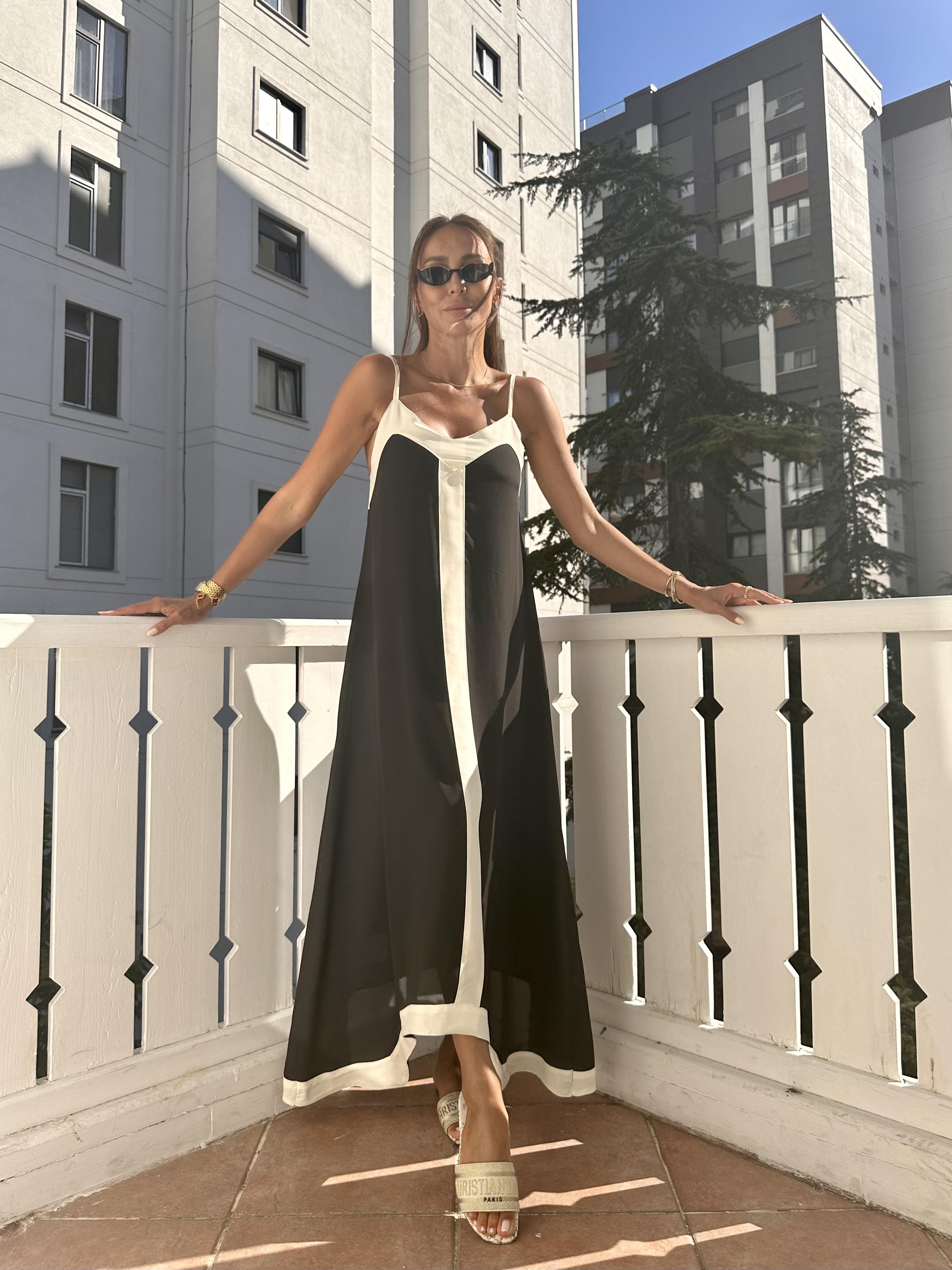 Siyah Asimetrik İp Askılı Elbise