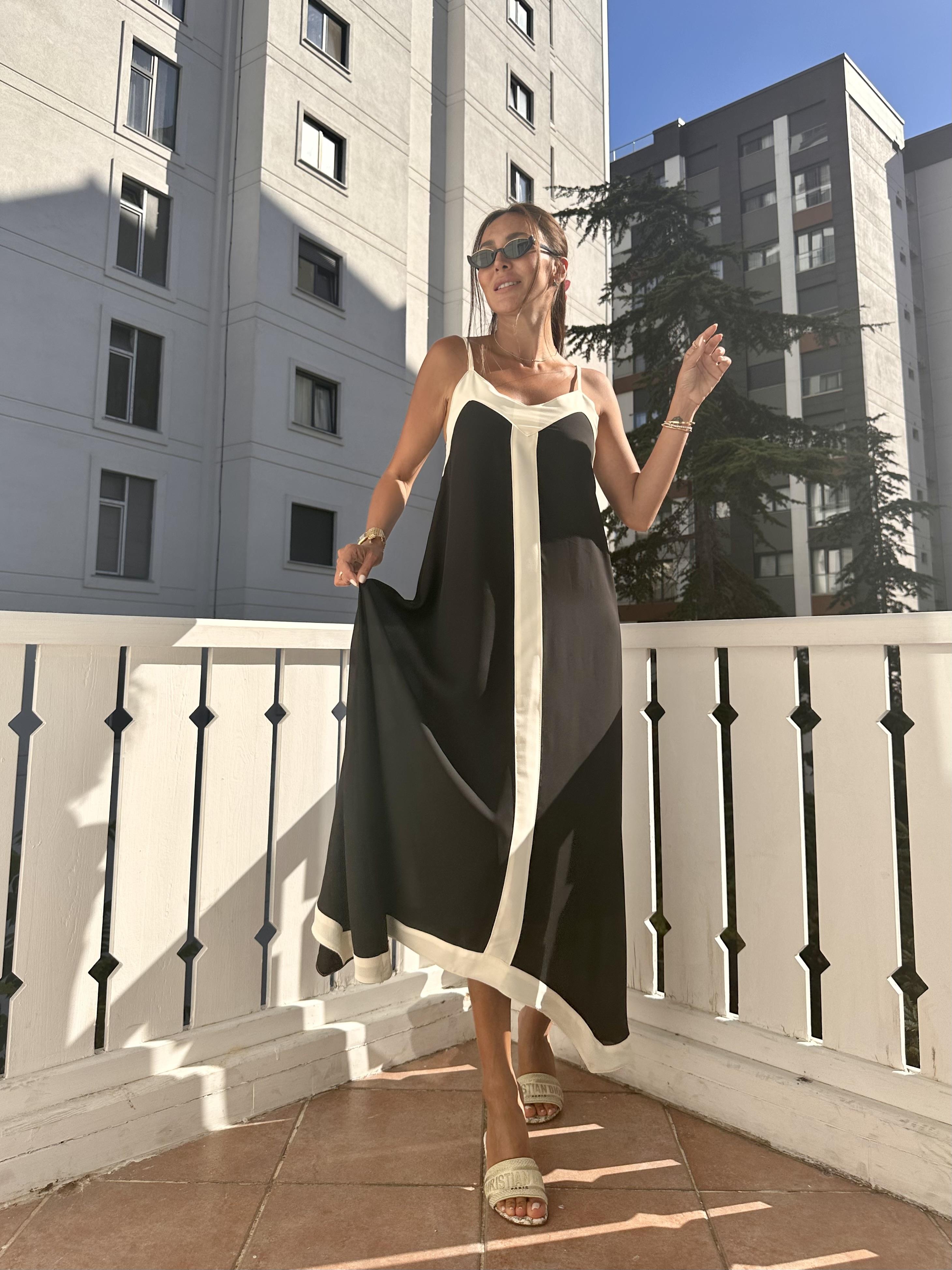 Siyah Asimetrik İp Askılı Elbise