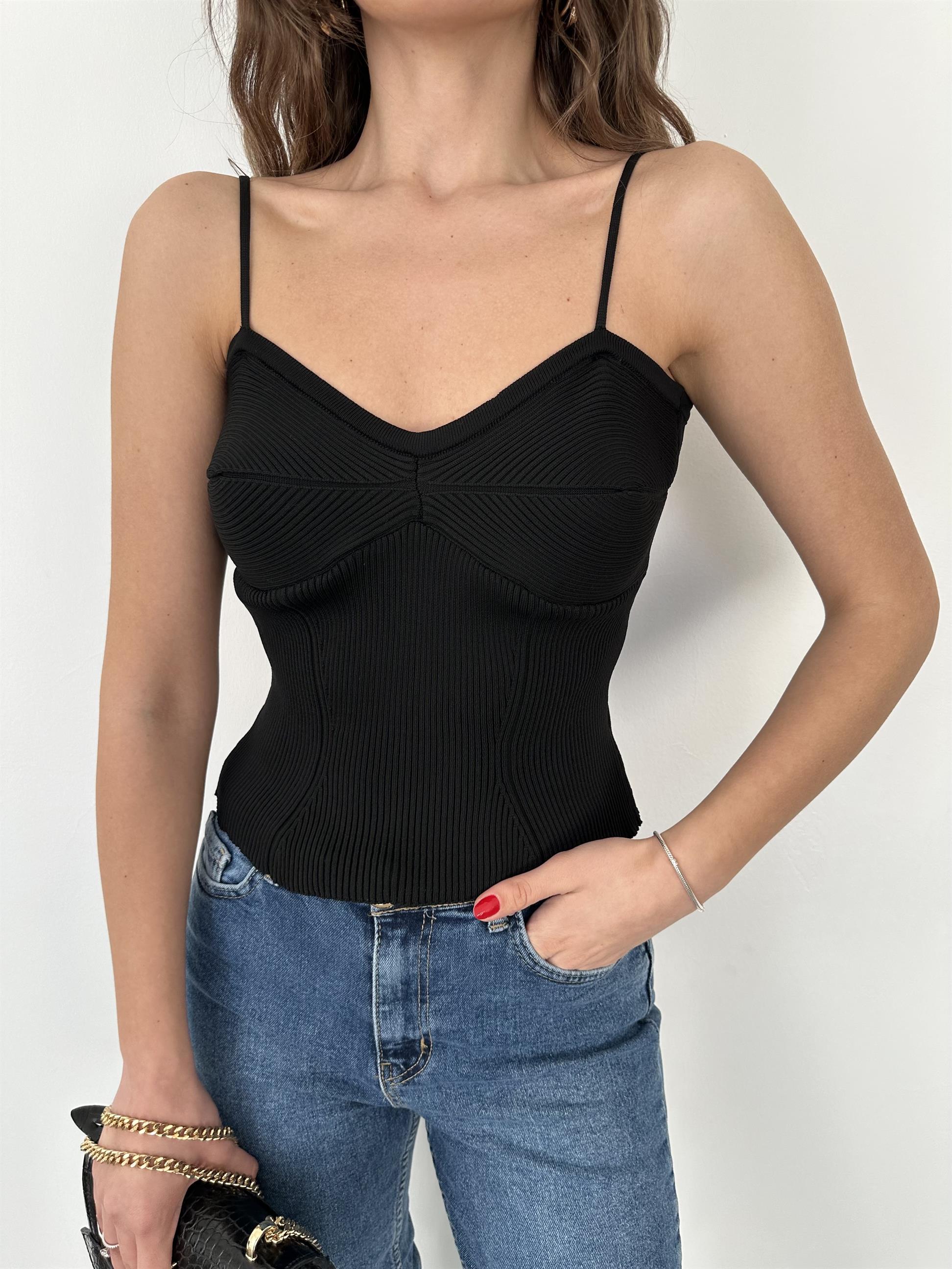 Siyah Askılı Fiitilli Bluz