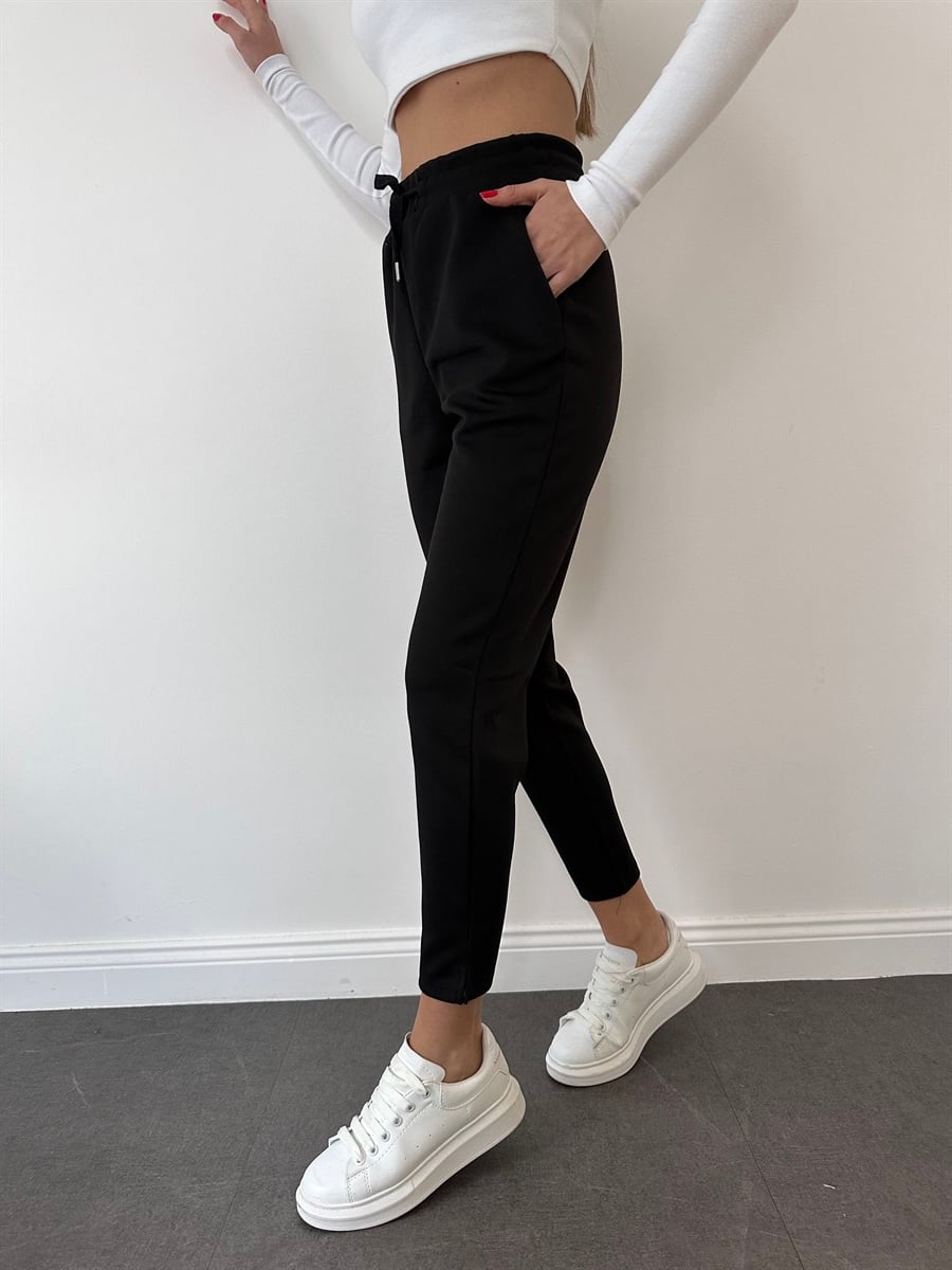 Siyah Bağcıklı Düz Paça Modal Eşofman