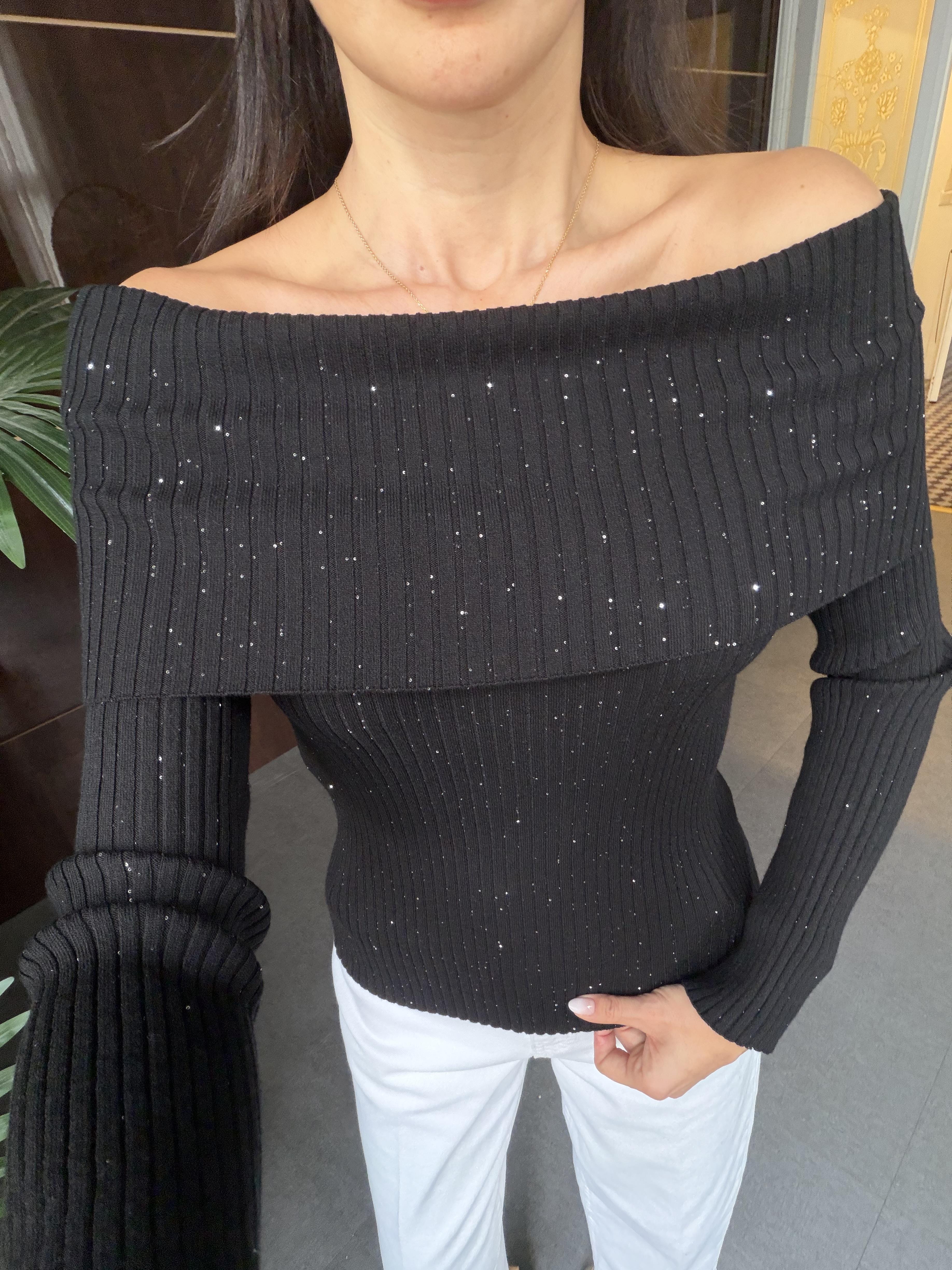 Siyah Bardot Yaka Pullu Fitilli Triko Kazak