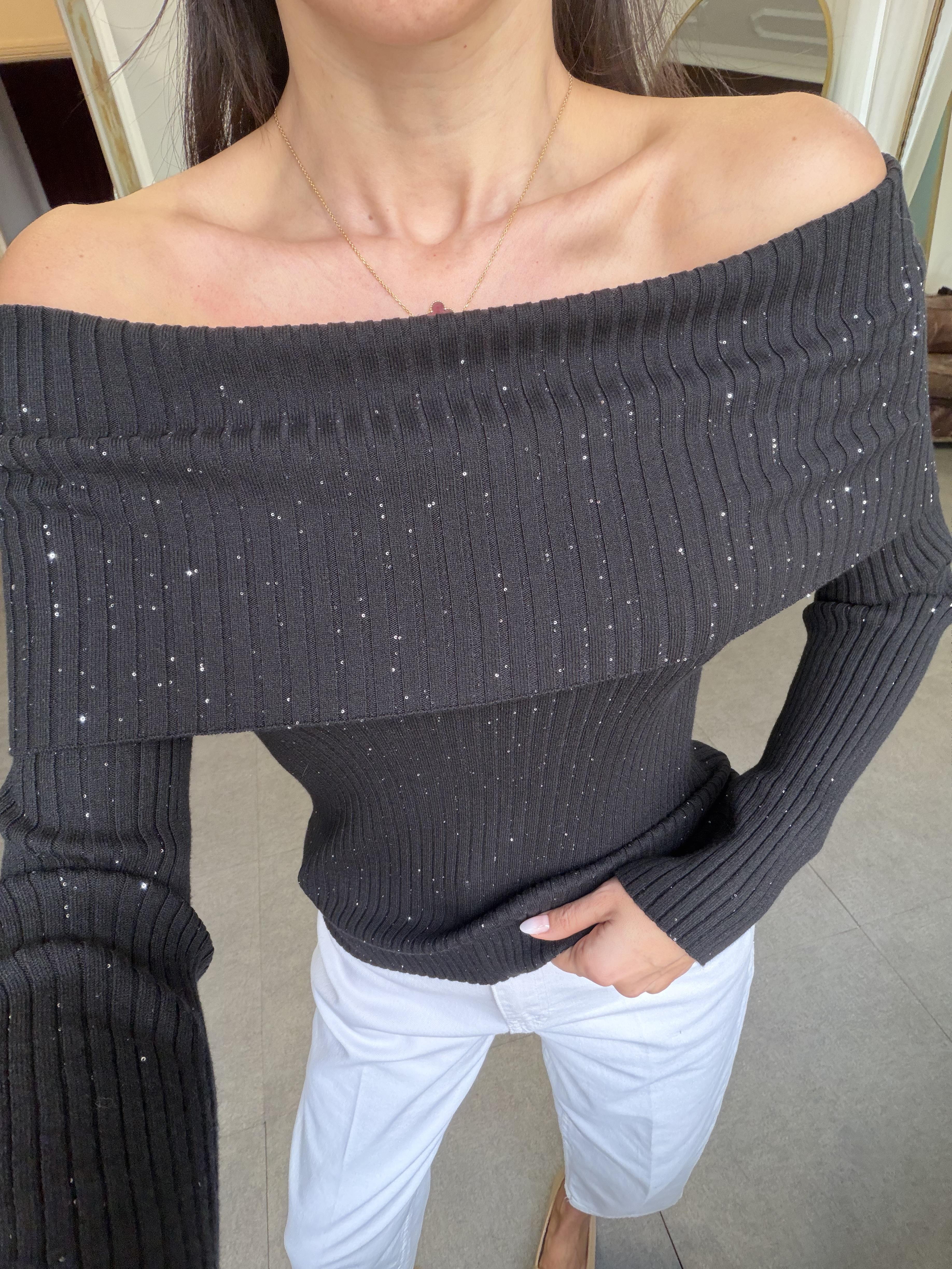 Siyah Bardot Yaka Pullu Fitilli Triko Kazak