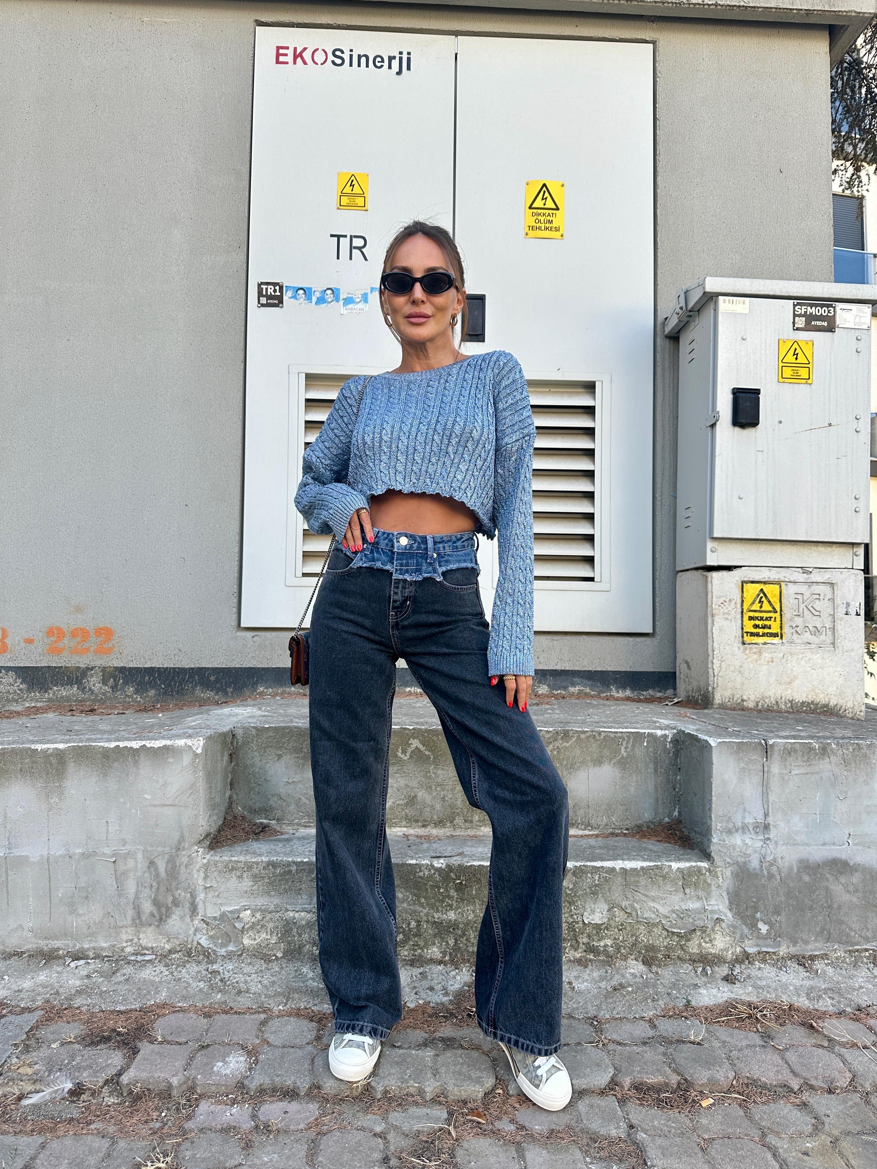 Füme Bel Detay Wide-Leg Jean Pantolon