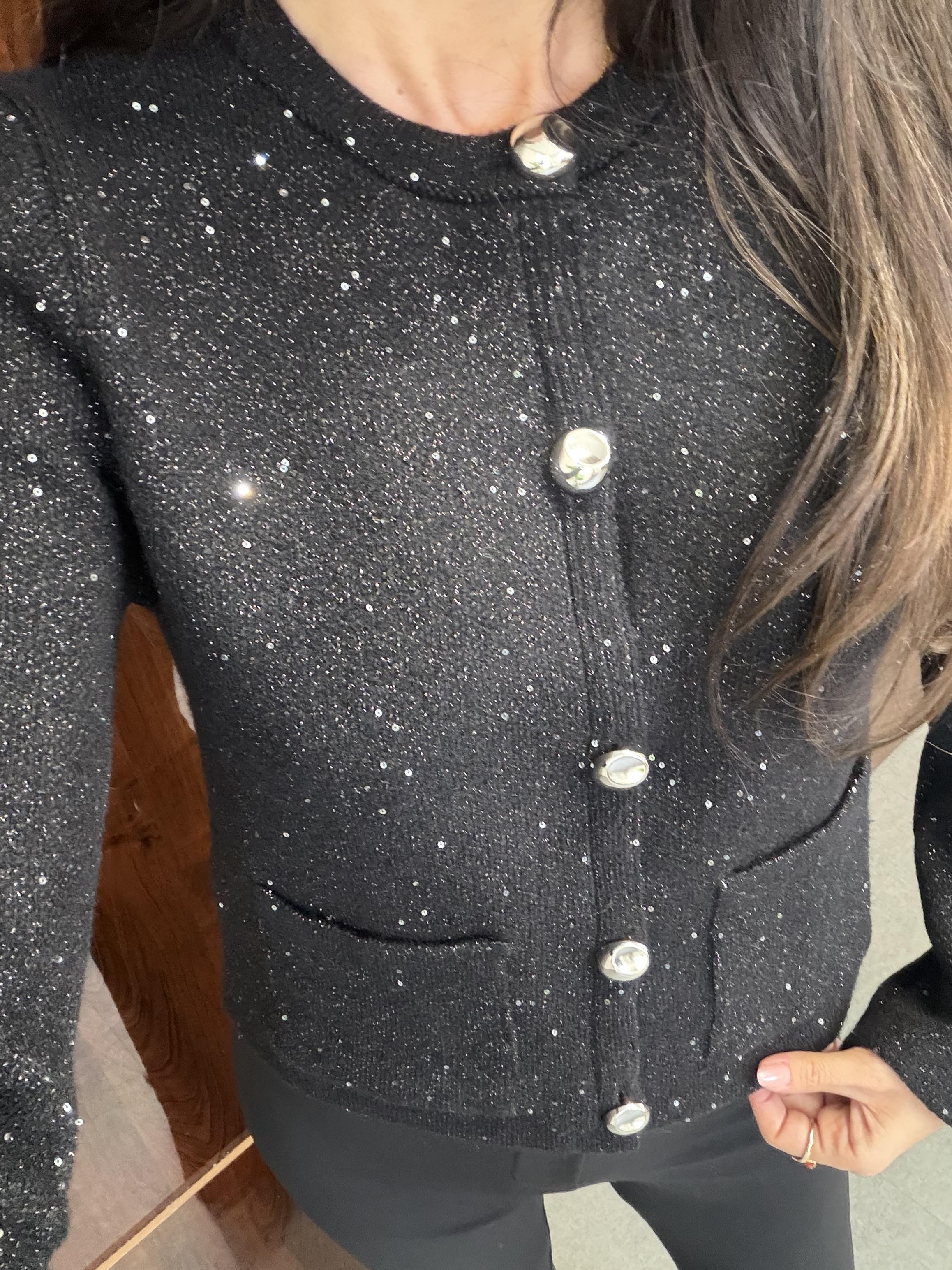 Siyah Bisiklet Yaka Pullu Simli Düğmeli Triko Hırka