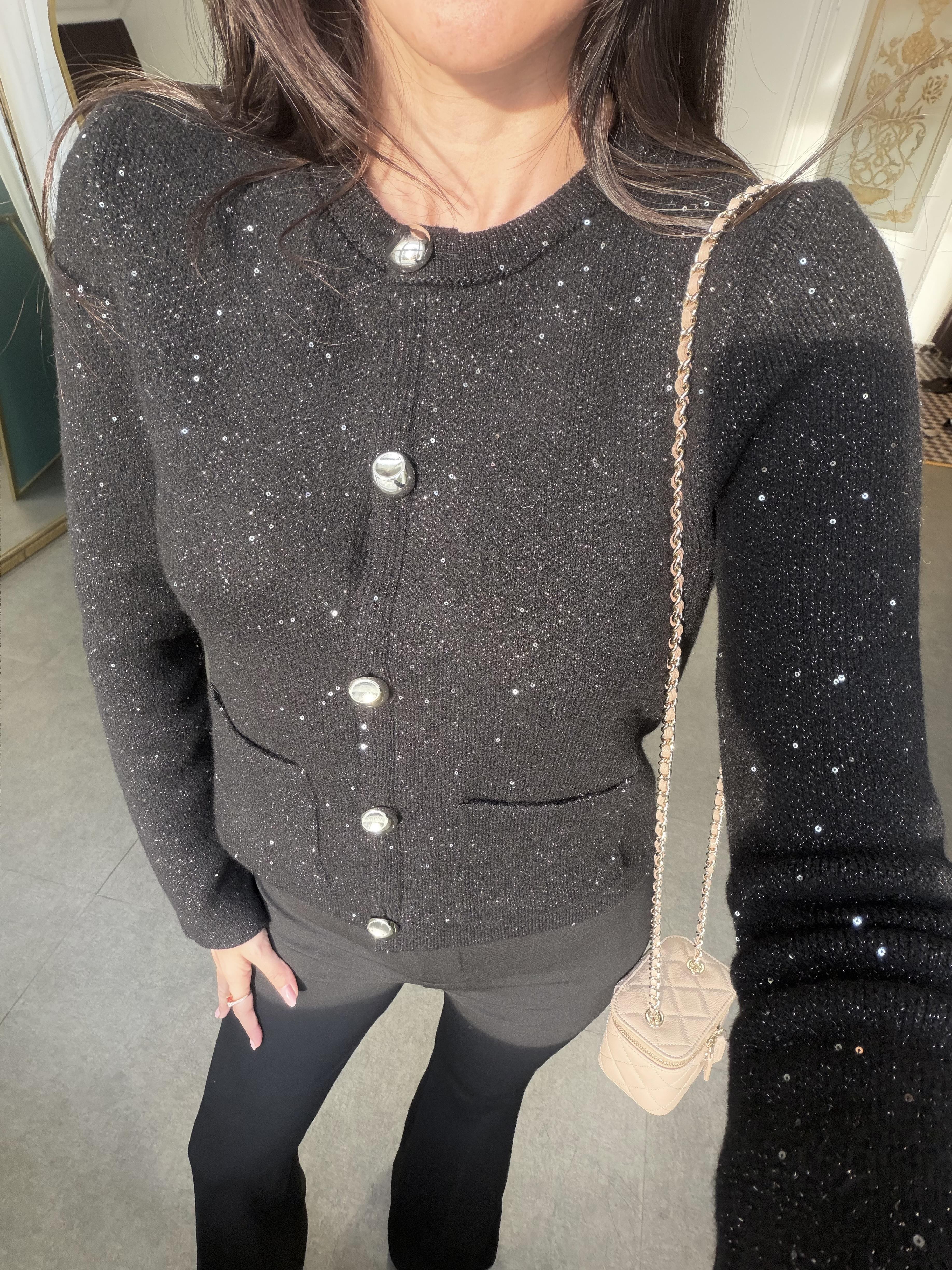 Siyah Bisiklet Yaka Pullu Simli Düğmeli Triko Hırka