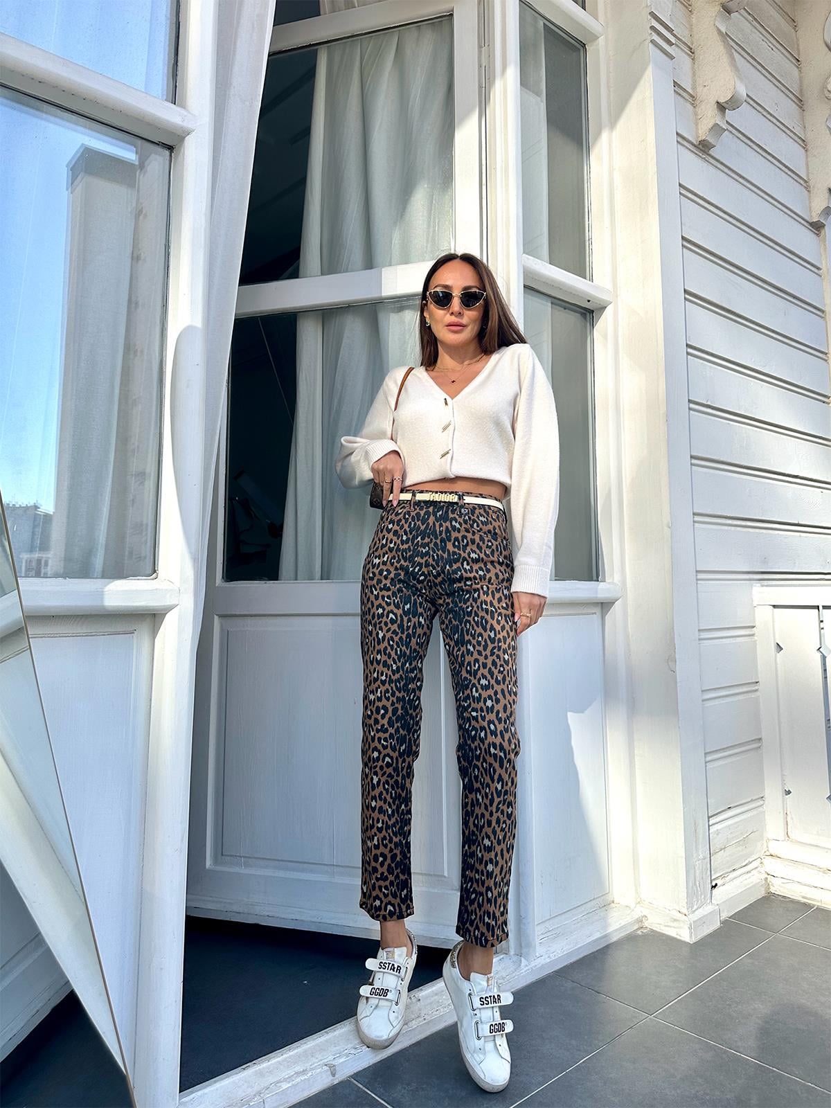 Siyah Boru Paça Leopar Jean Pantolon