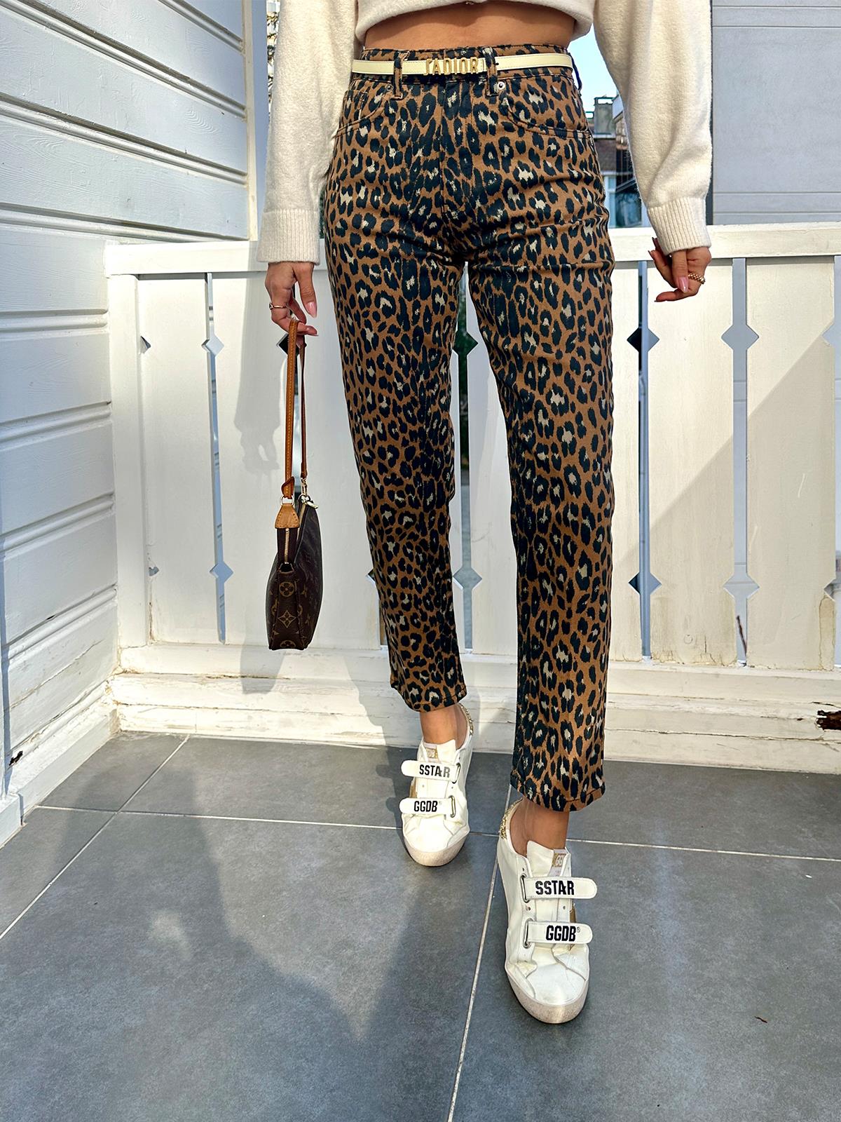 Siyah Boru Paça Leopar Jean Pantolon