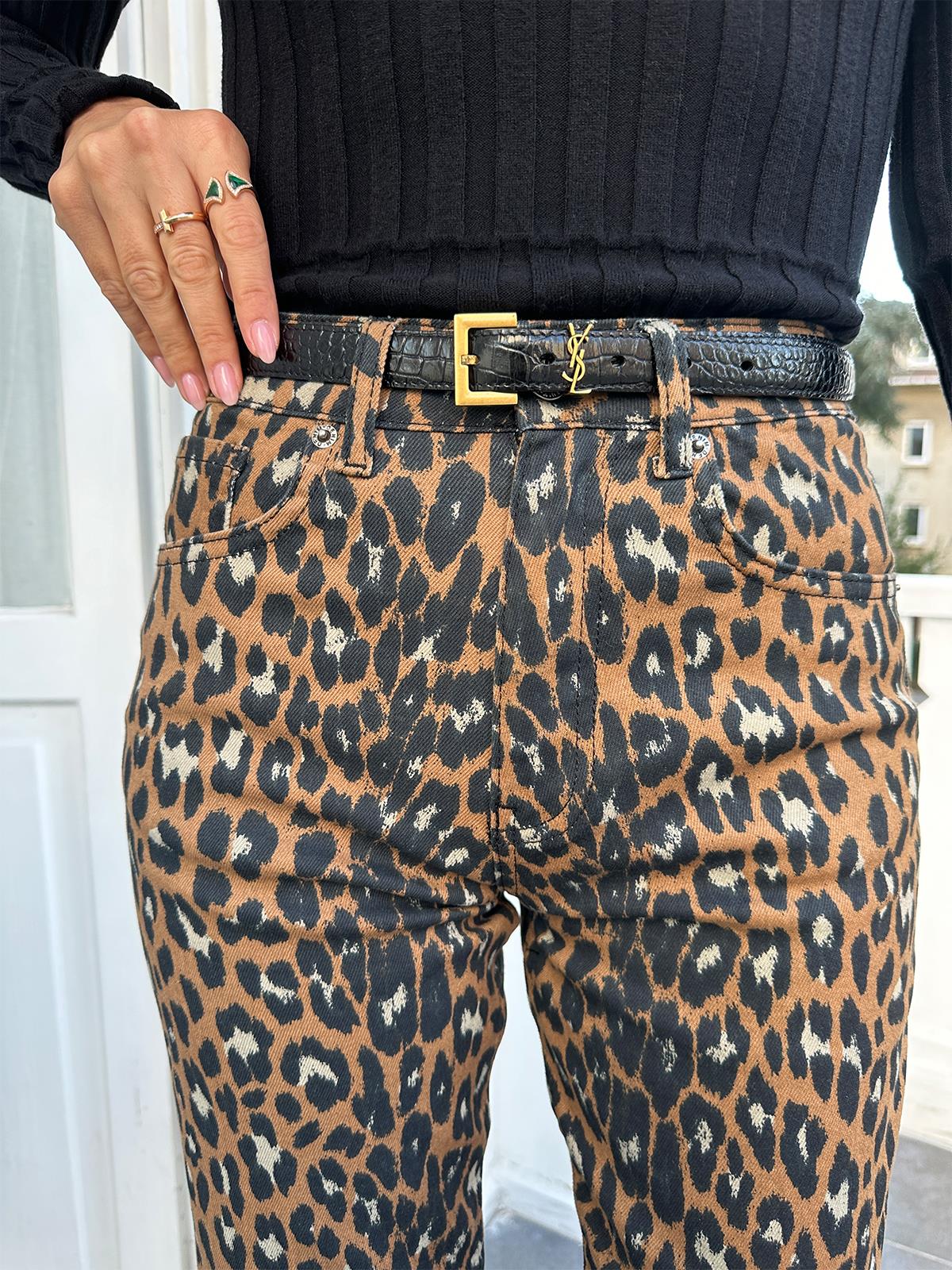 Siyah Boru Paça Leopar Jean Pantolon