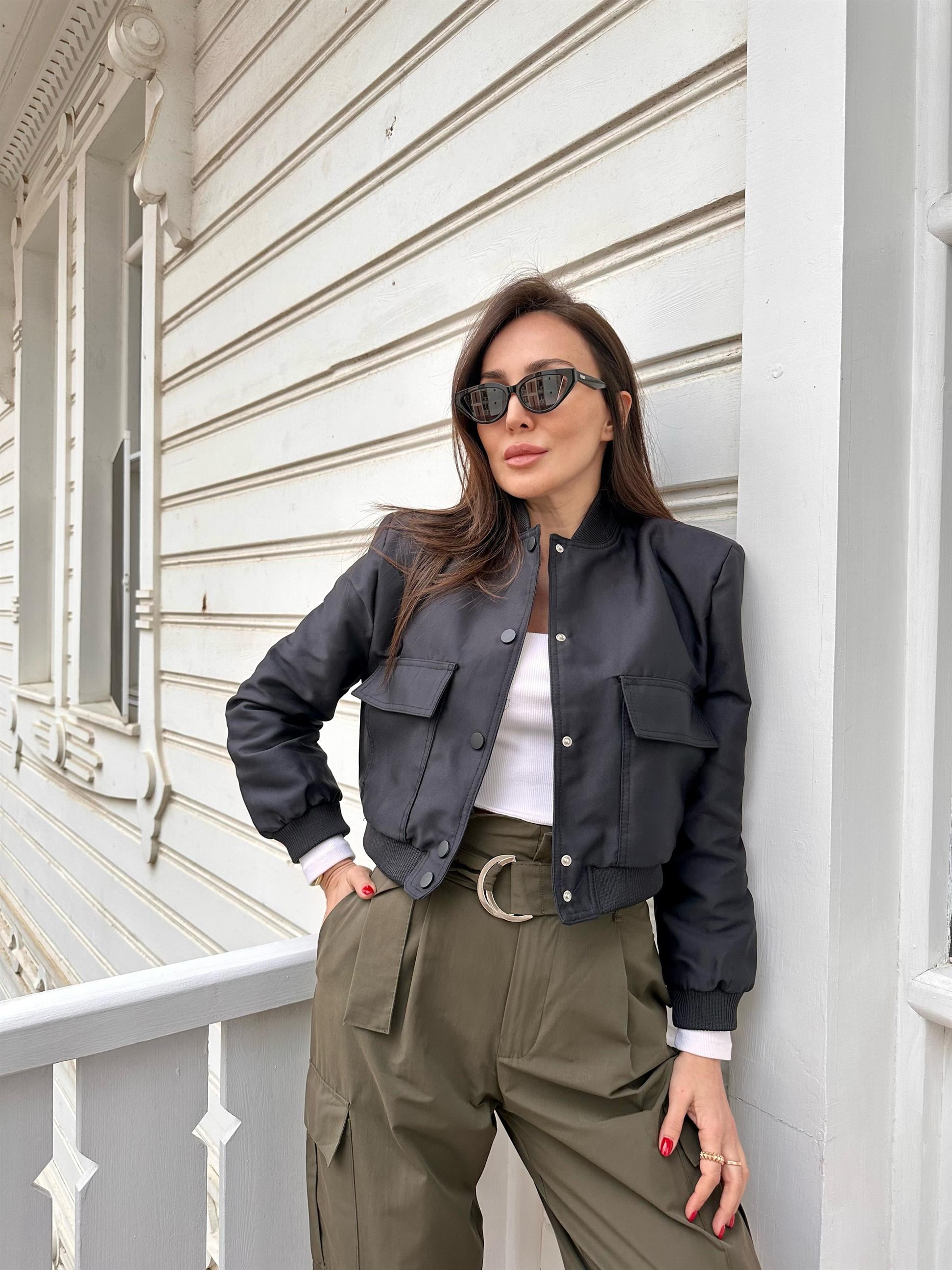 Siyah Çift Cepli Bomber Ceket