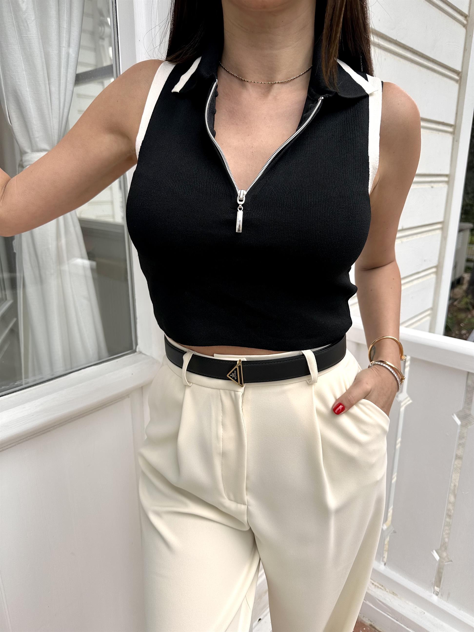 Siyah Fermuarlı Polo Yaka Atlet Bluz