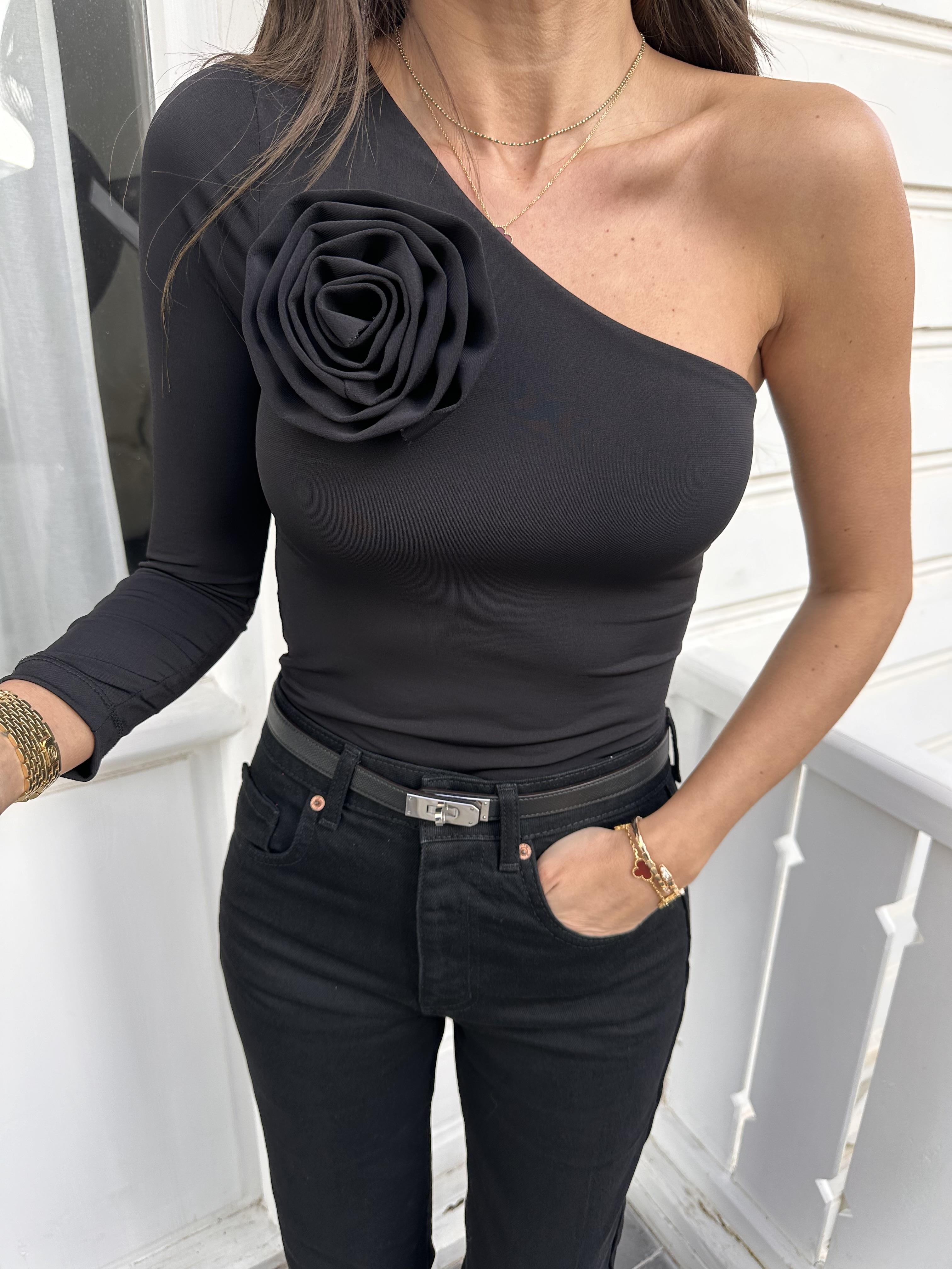 Siyah Gül Detay Tek Kol Bodysuit