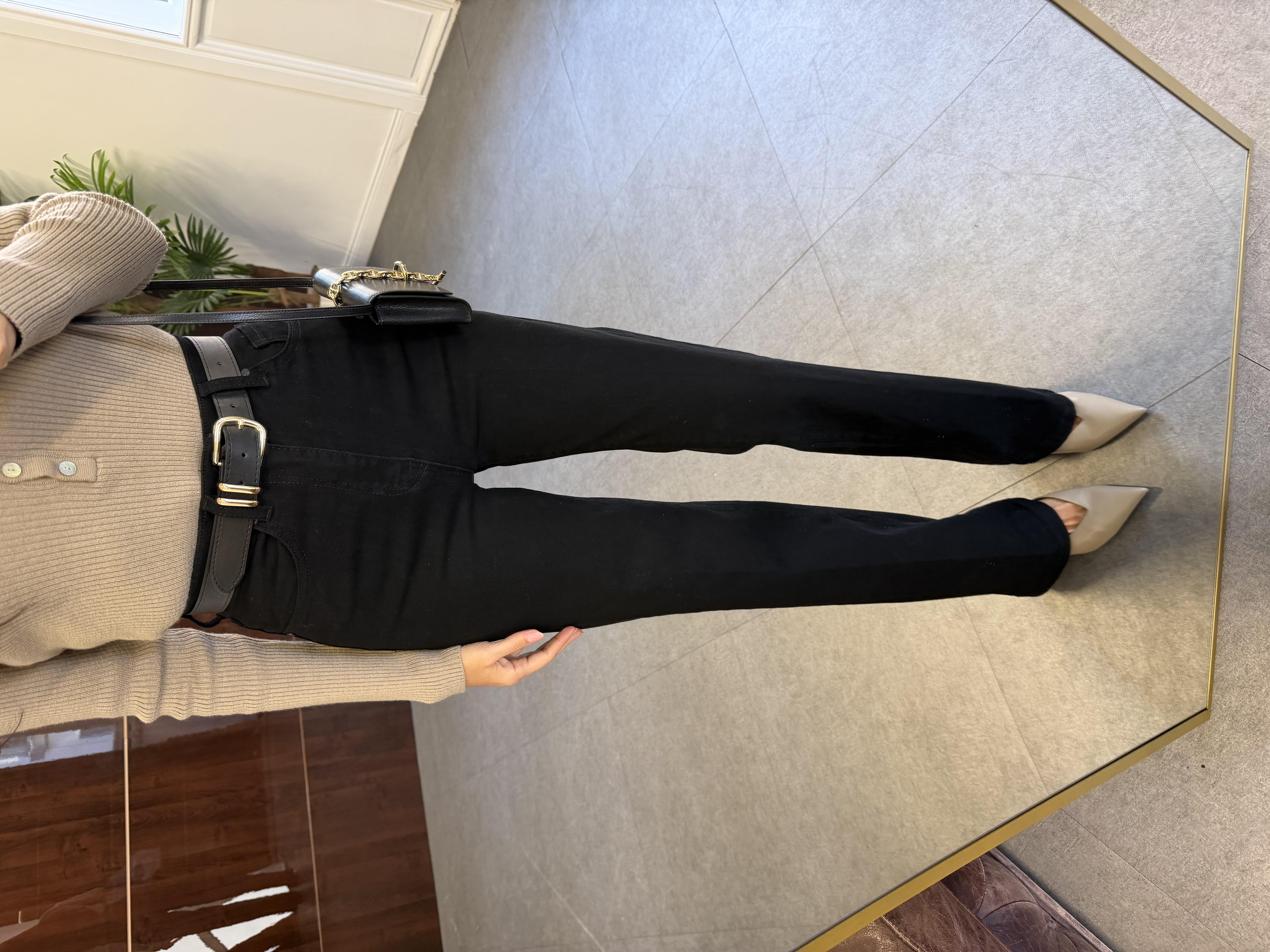 Siyah Kemerli Wide-Leg Jean Pantolon